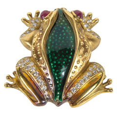 Stunning Leaping Frog Enamel Ruby Diamond Gold Brooch