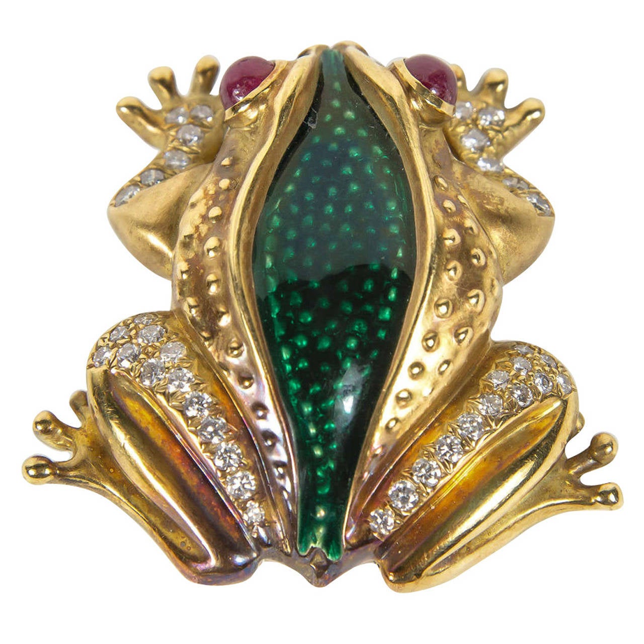 Stunning Leaping Frog Enamel Ruby Diamond Gold Brooch at 1stDibs
