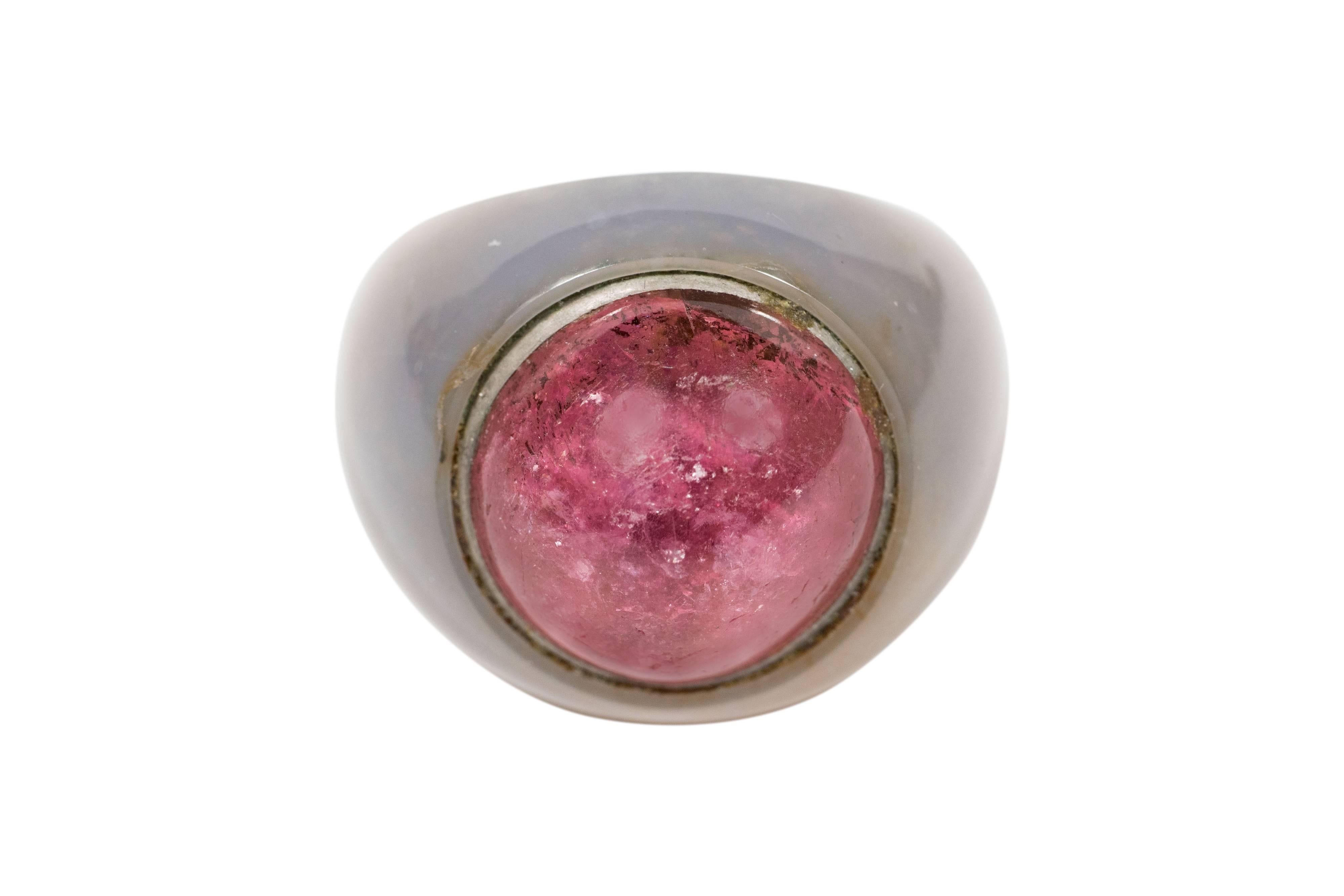 Sophisticated Mid-Century Modernist Hardstone and Pink Tourmaline Ring In Excellent Condition In New York, NY