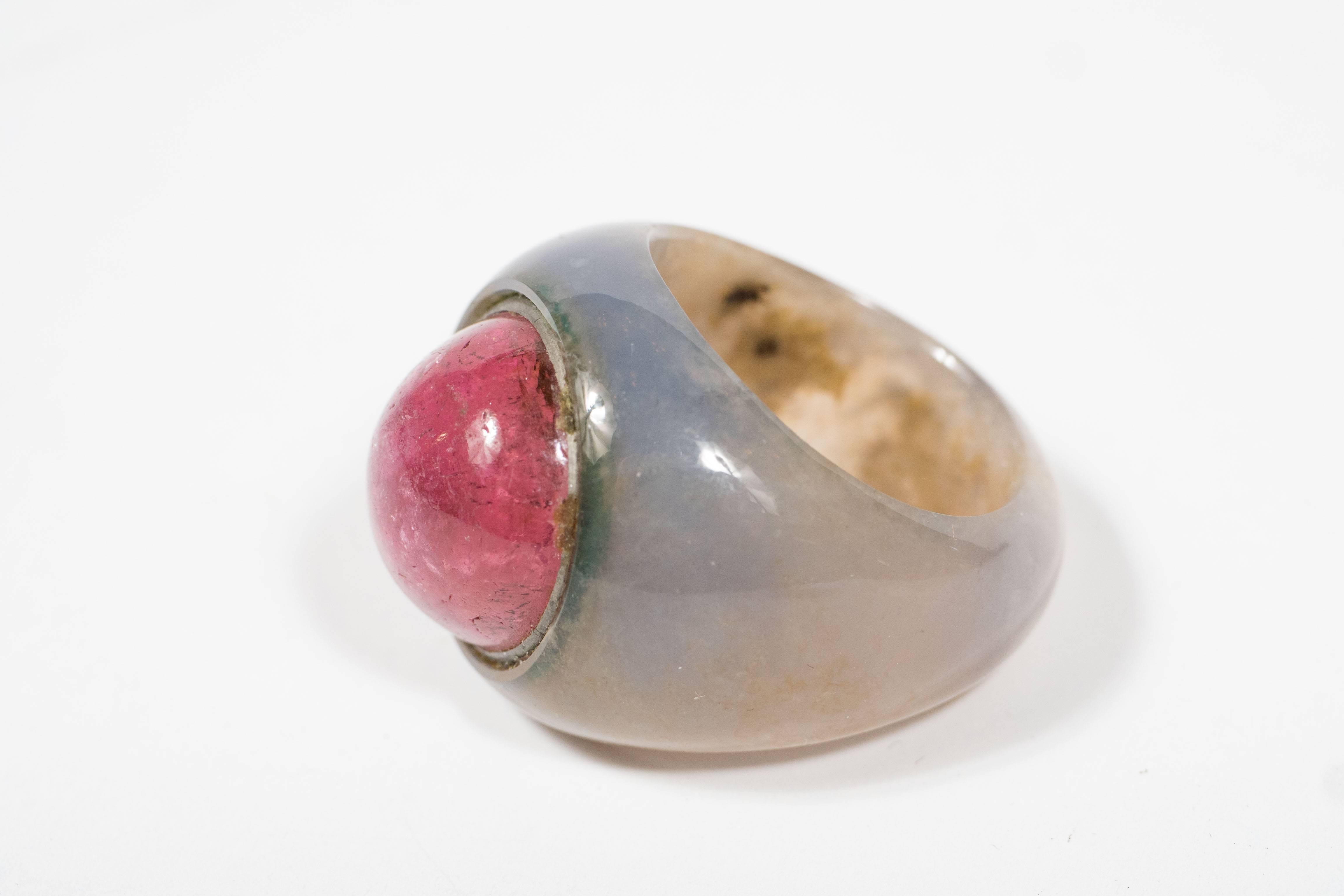 Women's Sophisticated Mid-Century Modernist Hardstone and Pink Tourmaline Ring