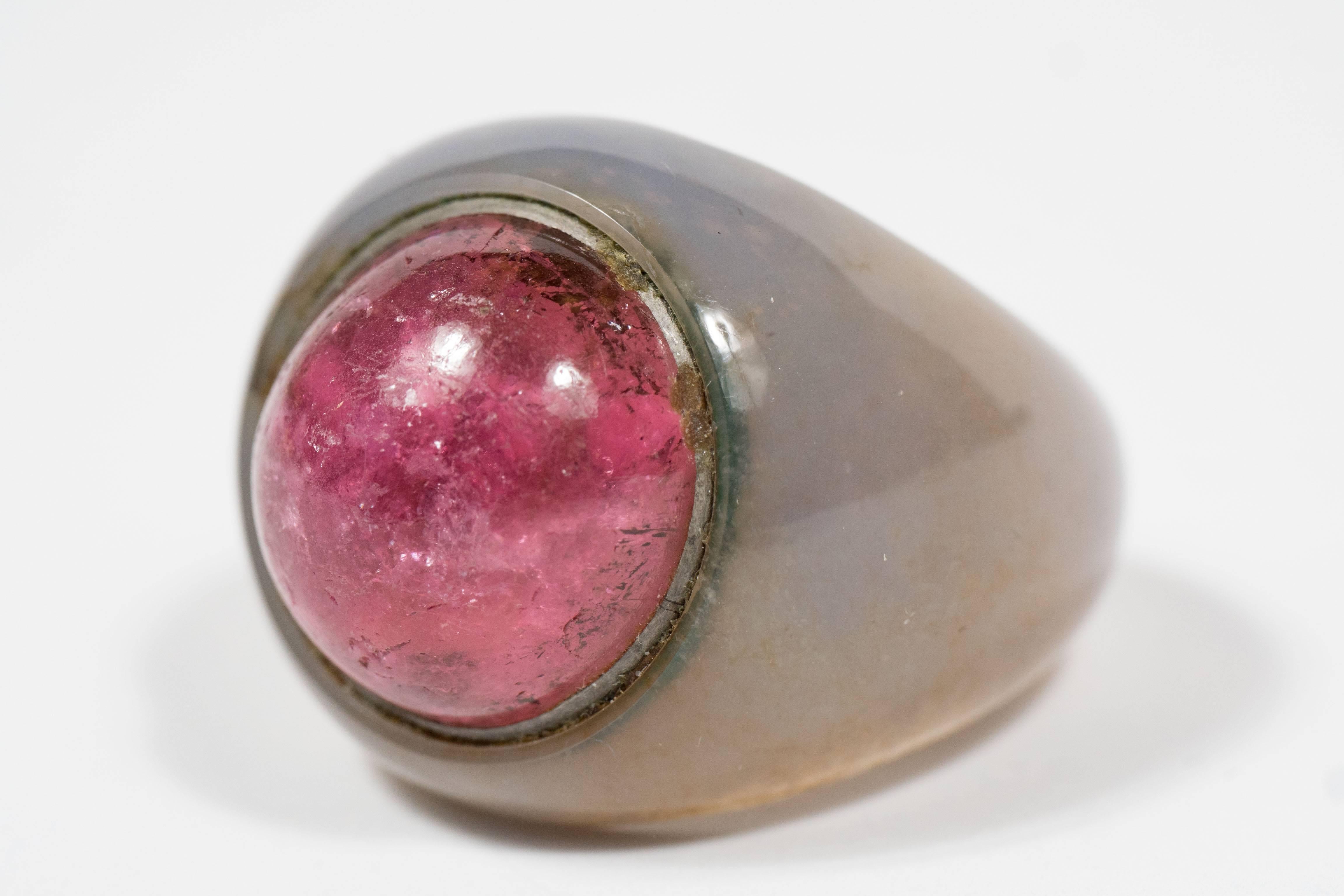 Sophisticated Mid-Century Modernist Hardstone and Pink Tourmaline Ring 1