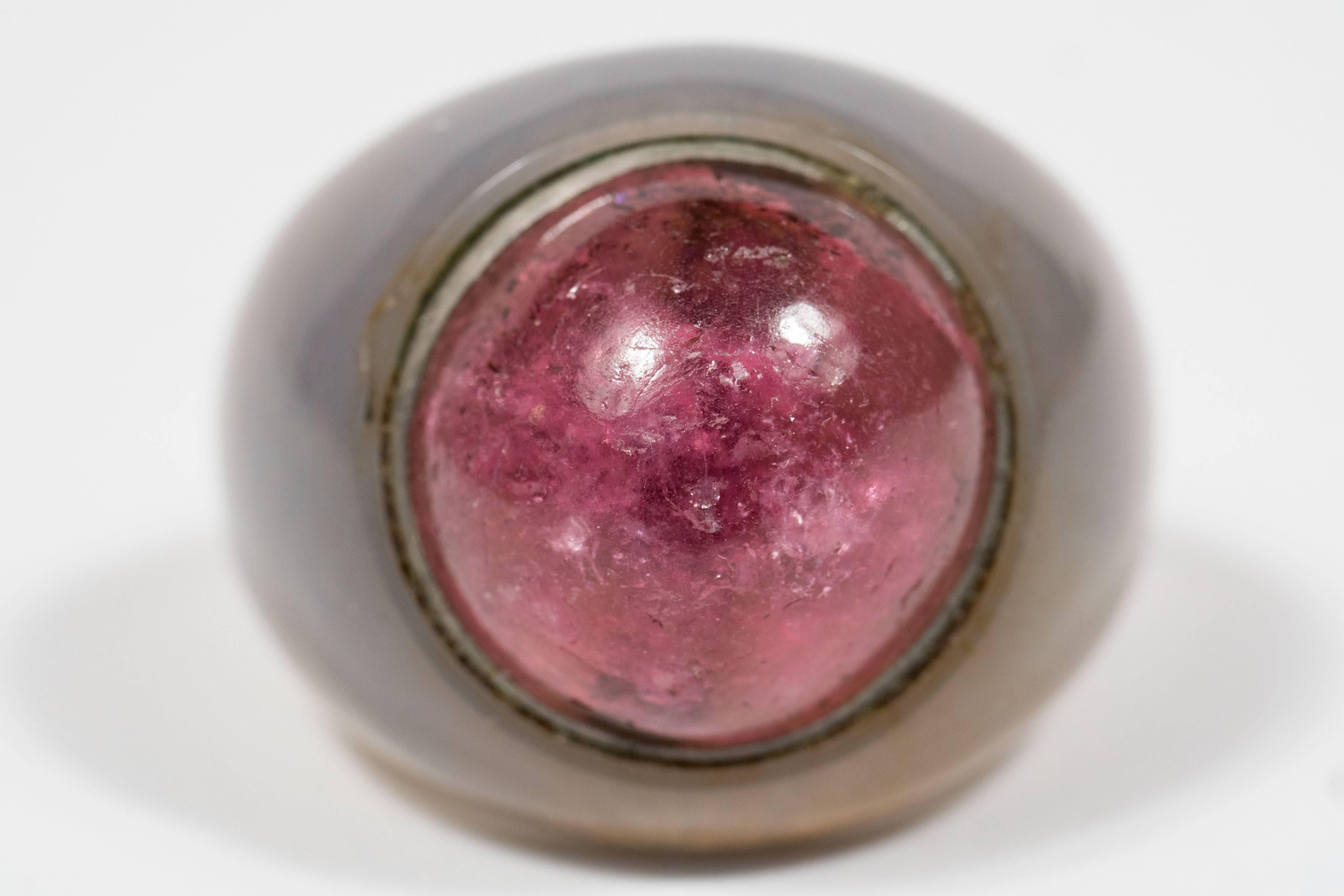 Sophisticated Mid-Century Modernist Hardstone and Pink Tourmaline Ring 3