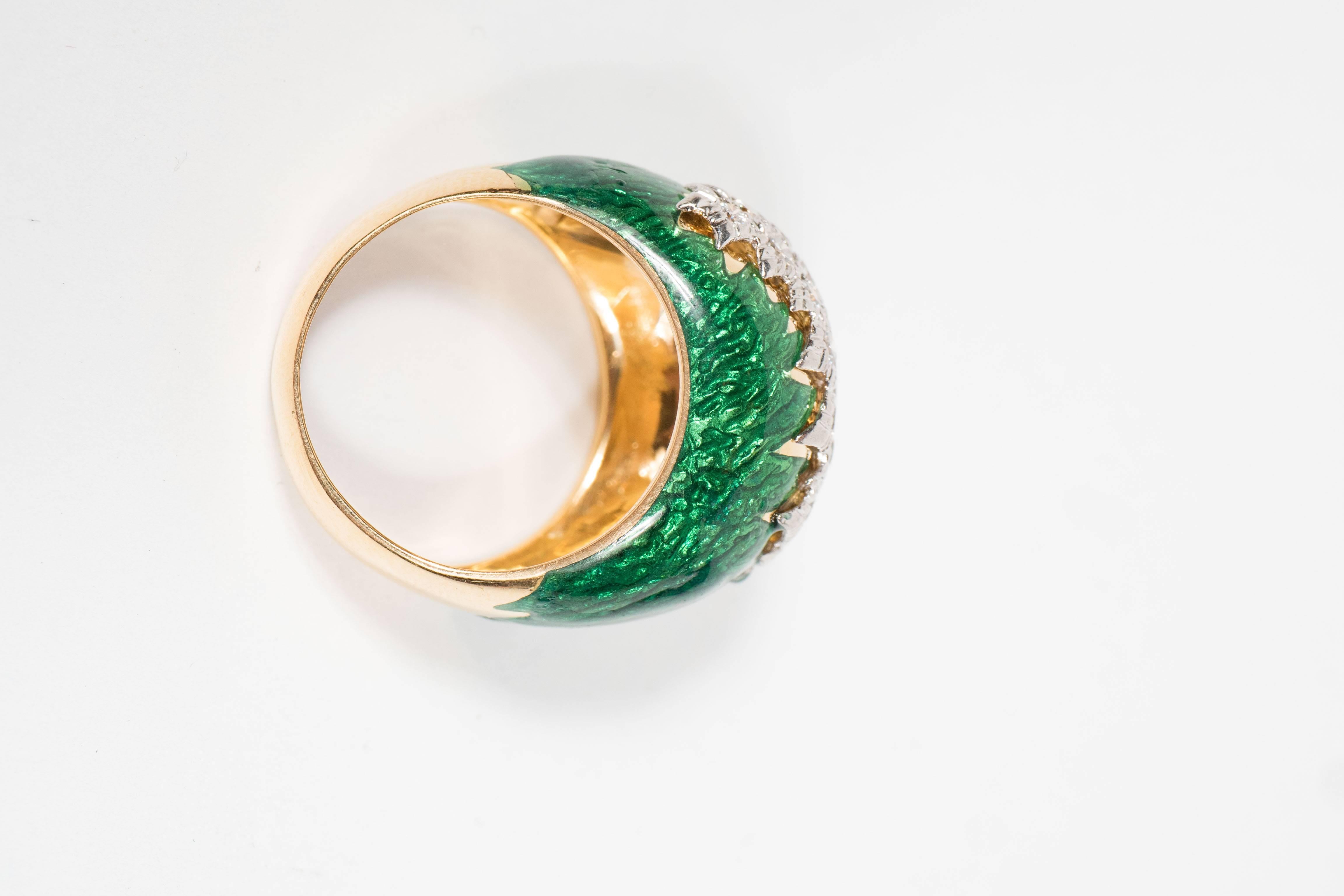 Mid-Century Modernist 18-karat gold, platinum, diamond, and green enamel band of bombe form is set with 1.30 carats of round cut diamonds weighing 16 grams inclusive, signed Webb. It is currently a size 8. This was made in New York Circa 1968. It is