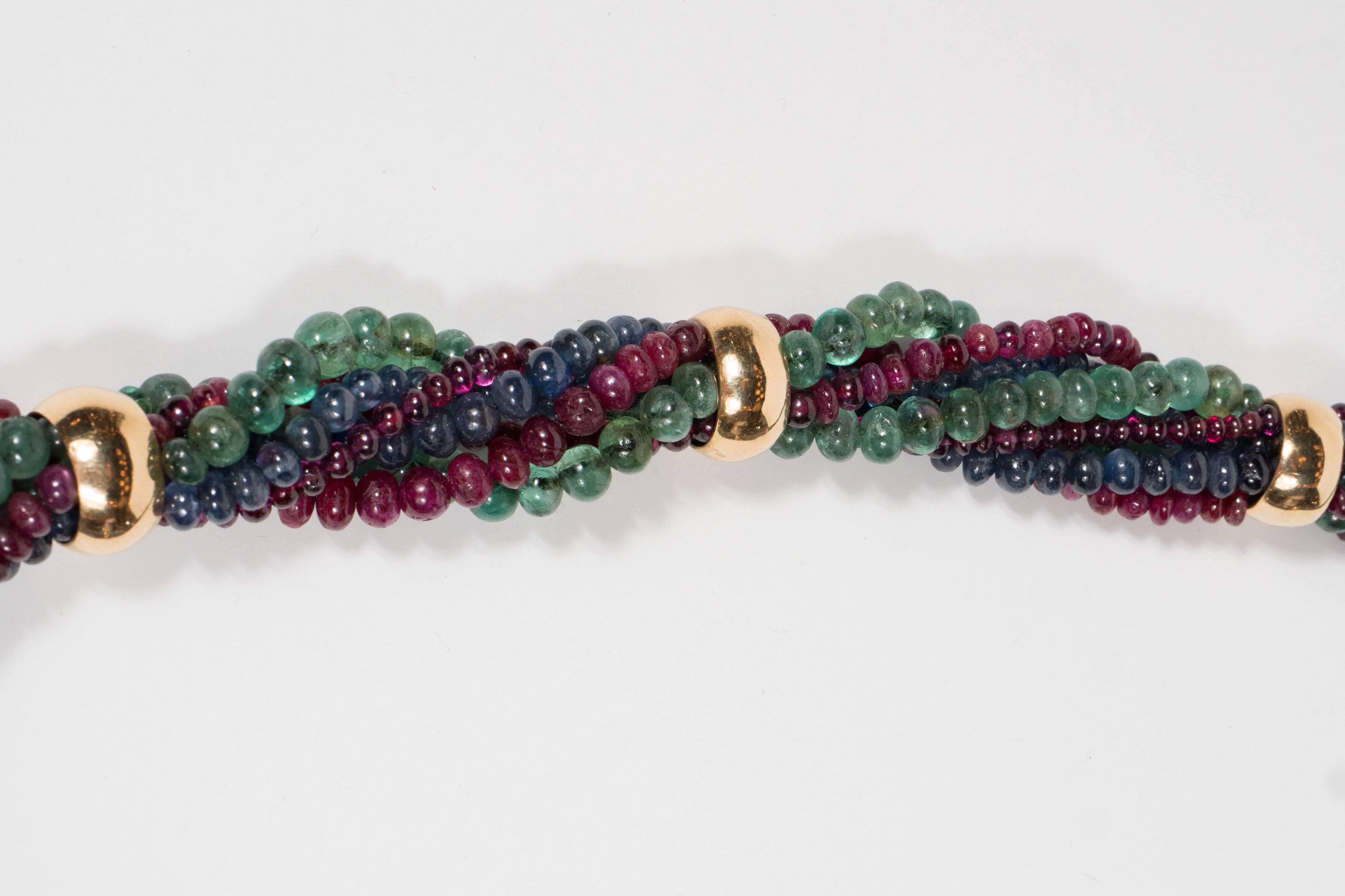 Modernist Exquisite French Mid-Century Sapphire Ruby Emerald Gold Necklace