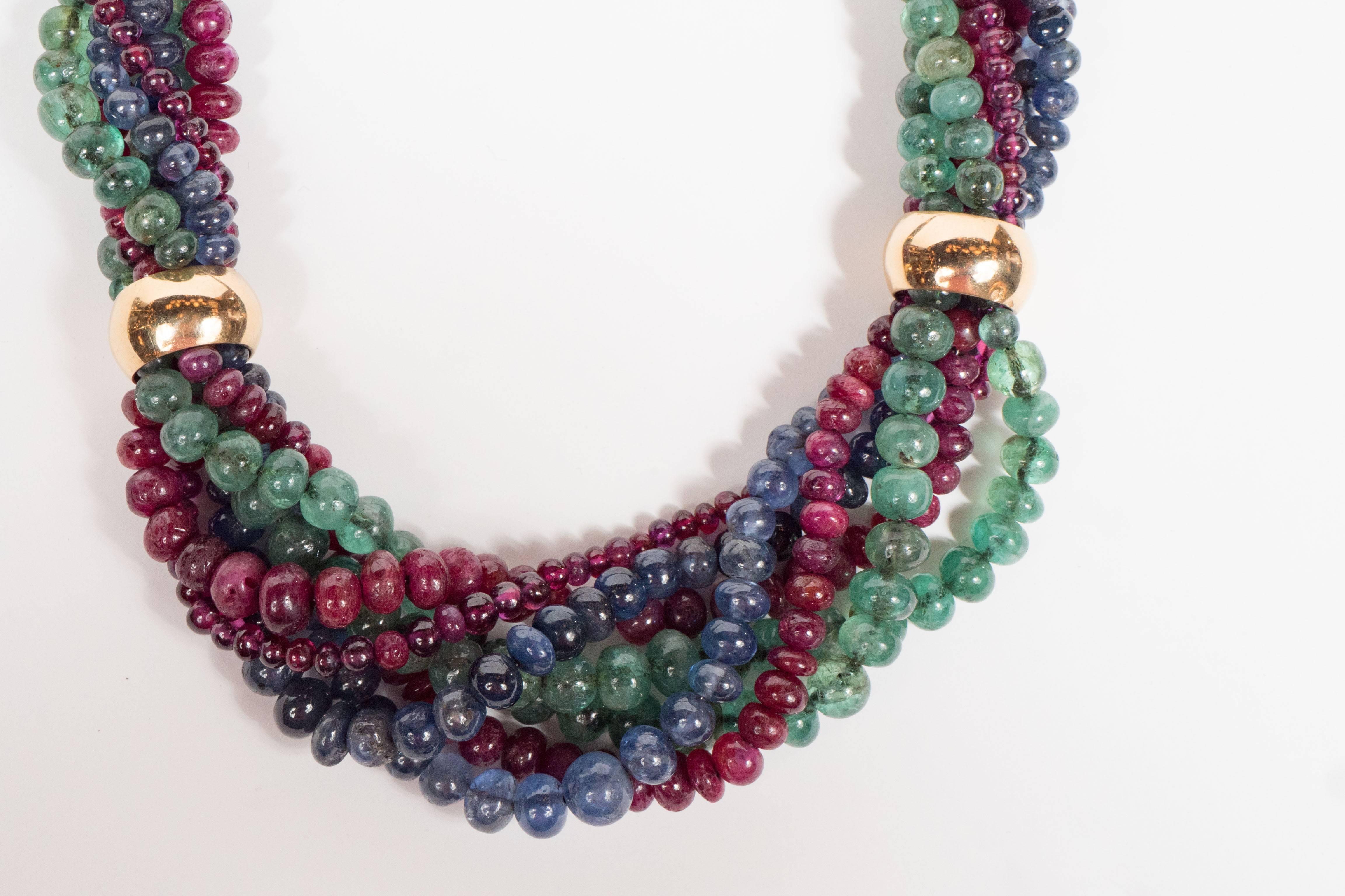 Exquisite French Mid-Century Sapphire Ruby Emerald Gold Necklace 1