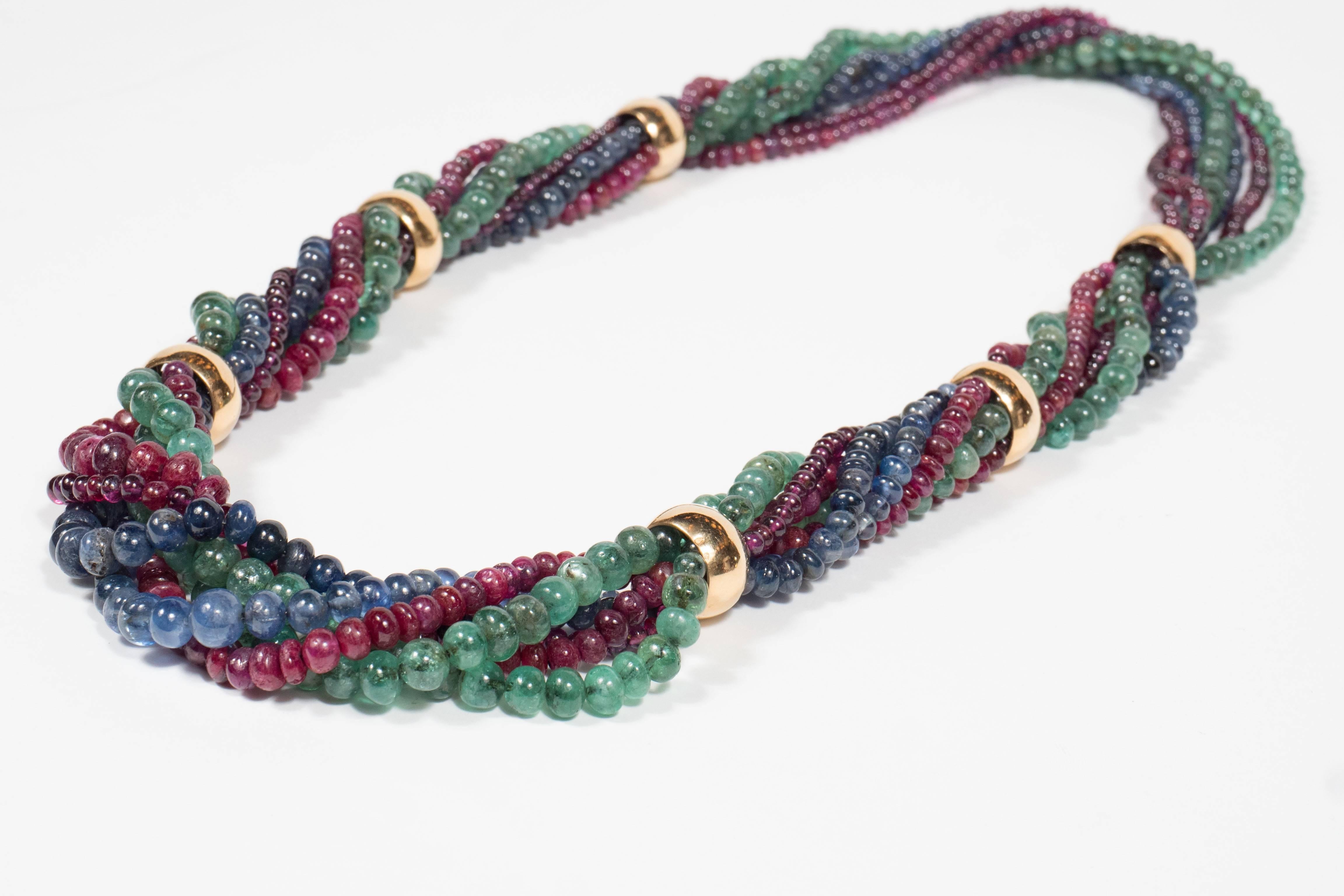 Exquisite French Mid-Century Sapphire Ruby Emerald Gold Necklace 3