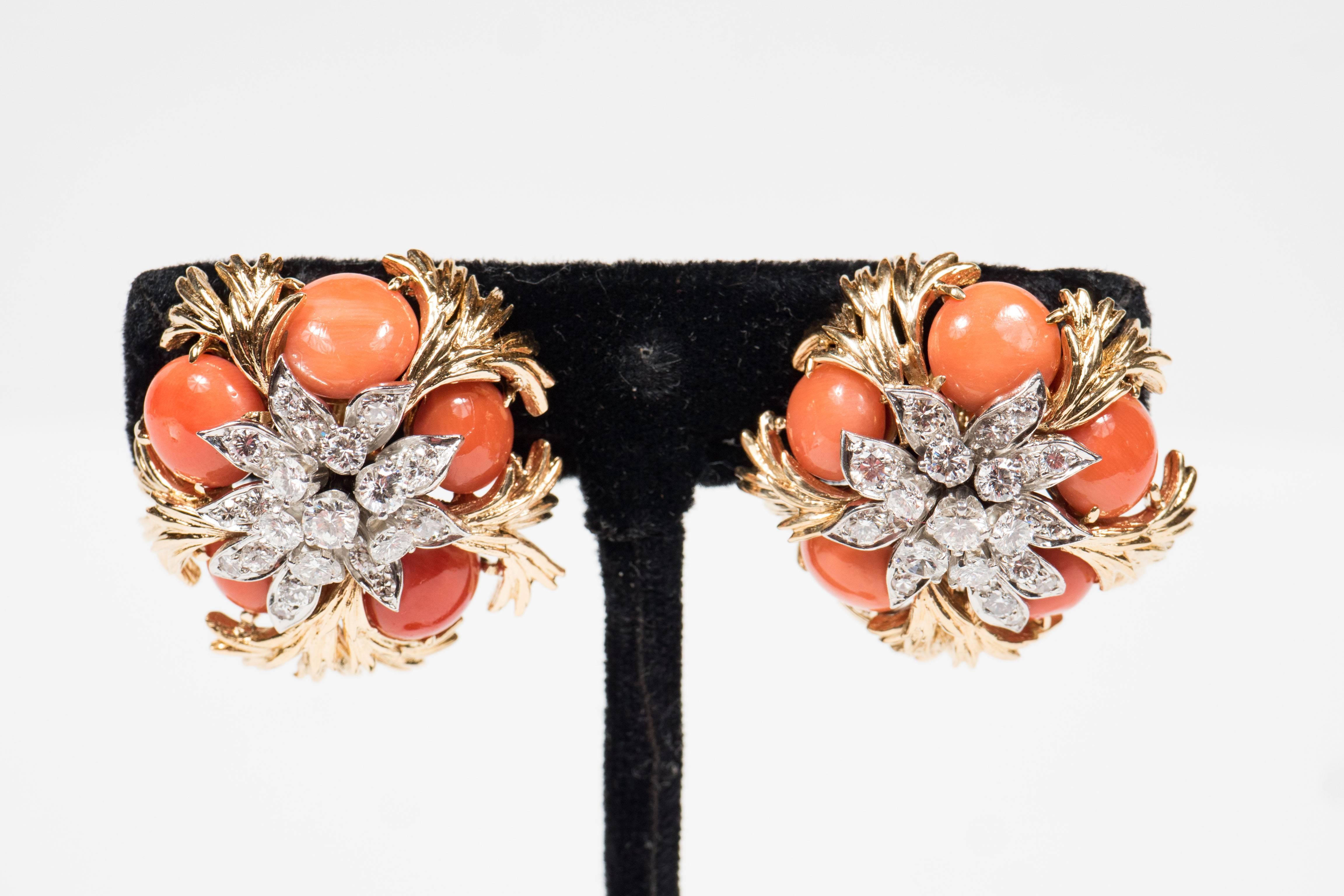Modernist Mid-Century Pair of 18k Gold, Platinum, Coral and Diamond Earclips by David Webb