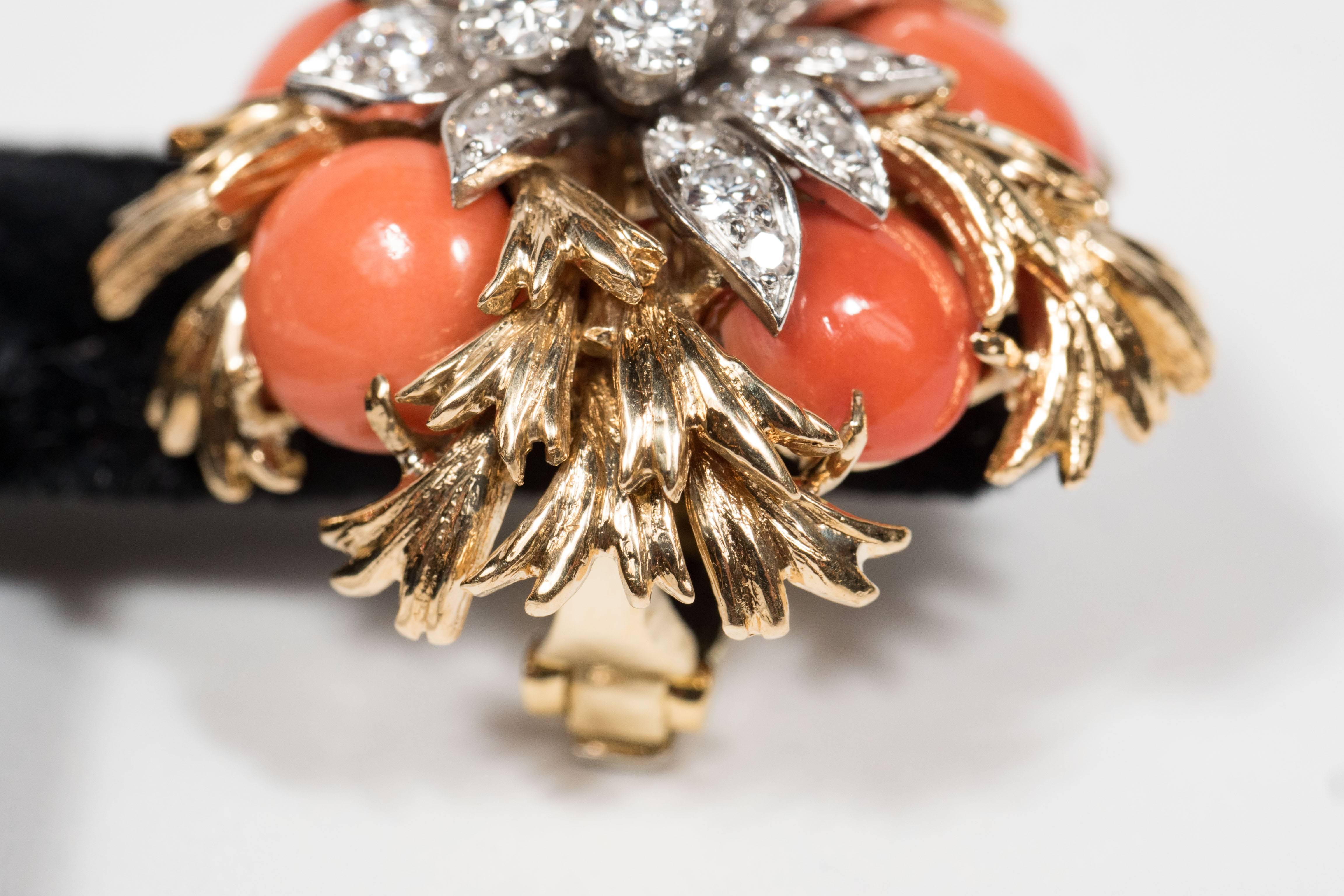 Mid-Century Pair of 18k Gold, Platinum, Coral and Diamond Earclips by David Webb 1