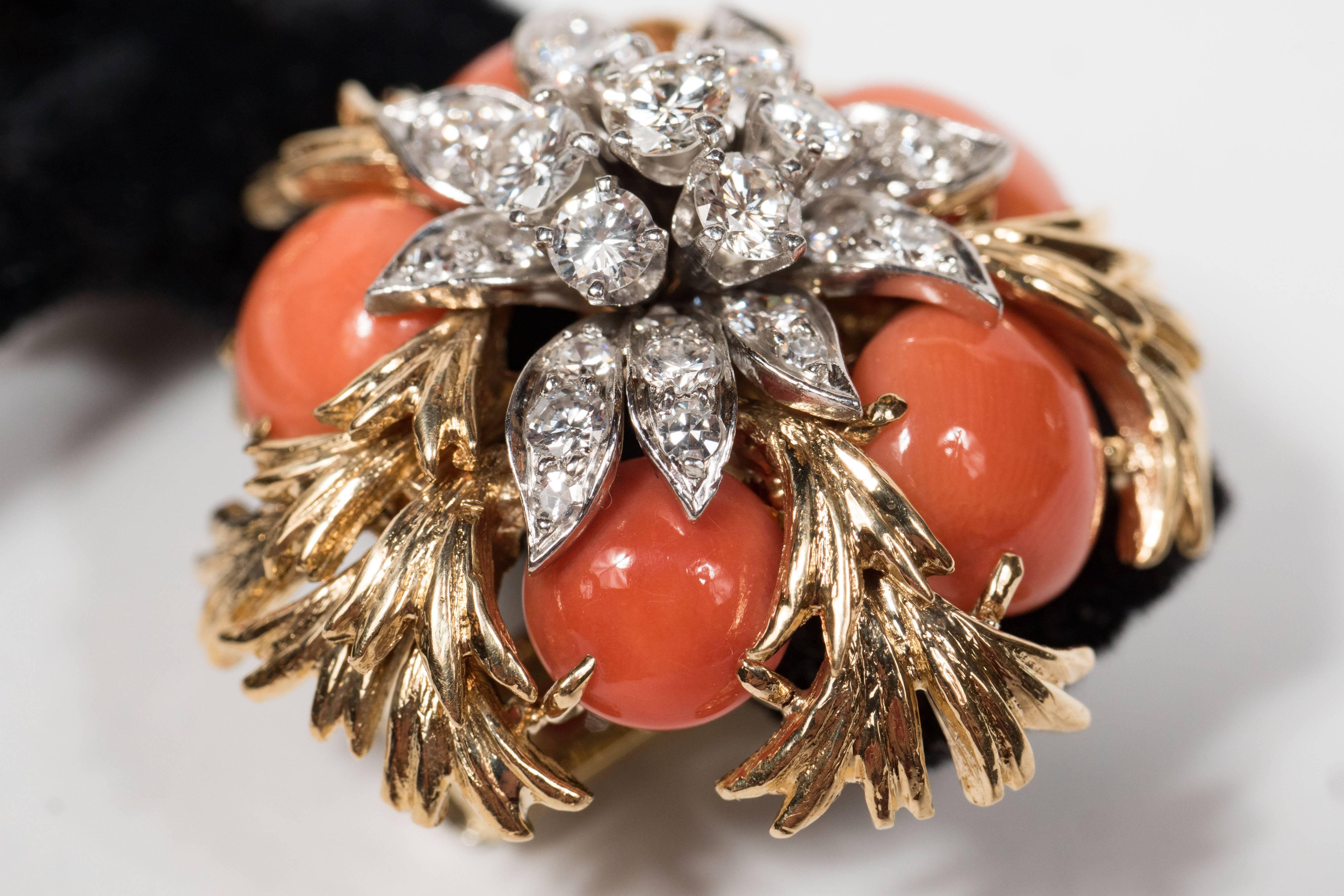 Women's Mid-Century Pair of 18k Gold, Platinum, Coral and Diamond Earclips by David Webb