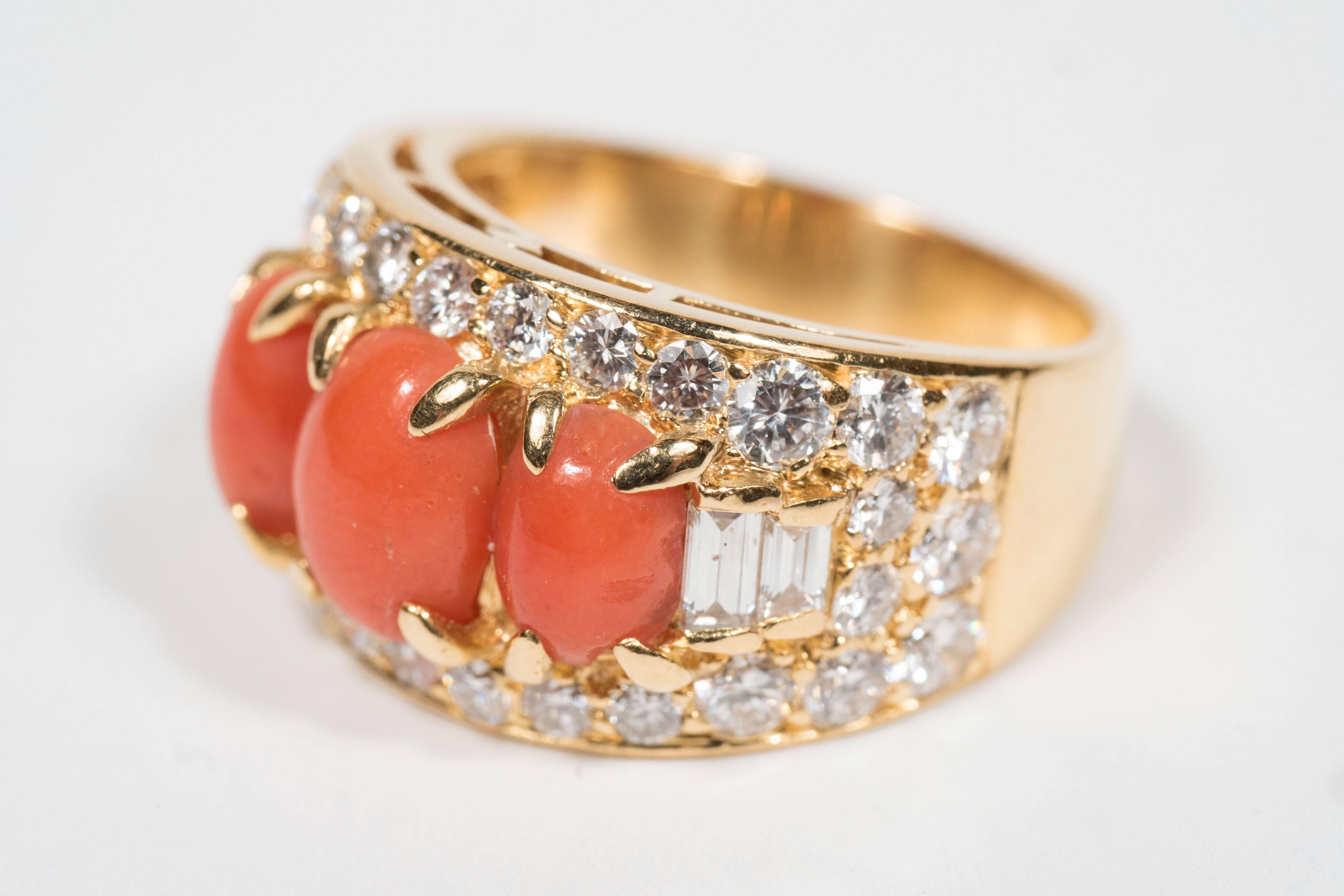 Bulgari Mid-Century Modernist Coral Diamond Gold Ring 1