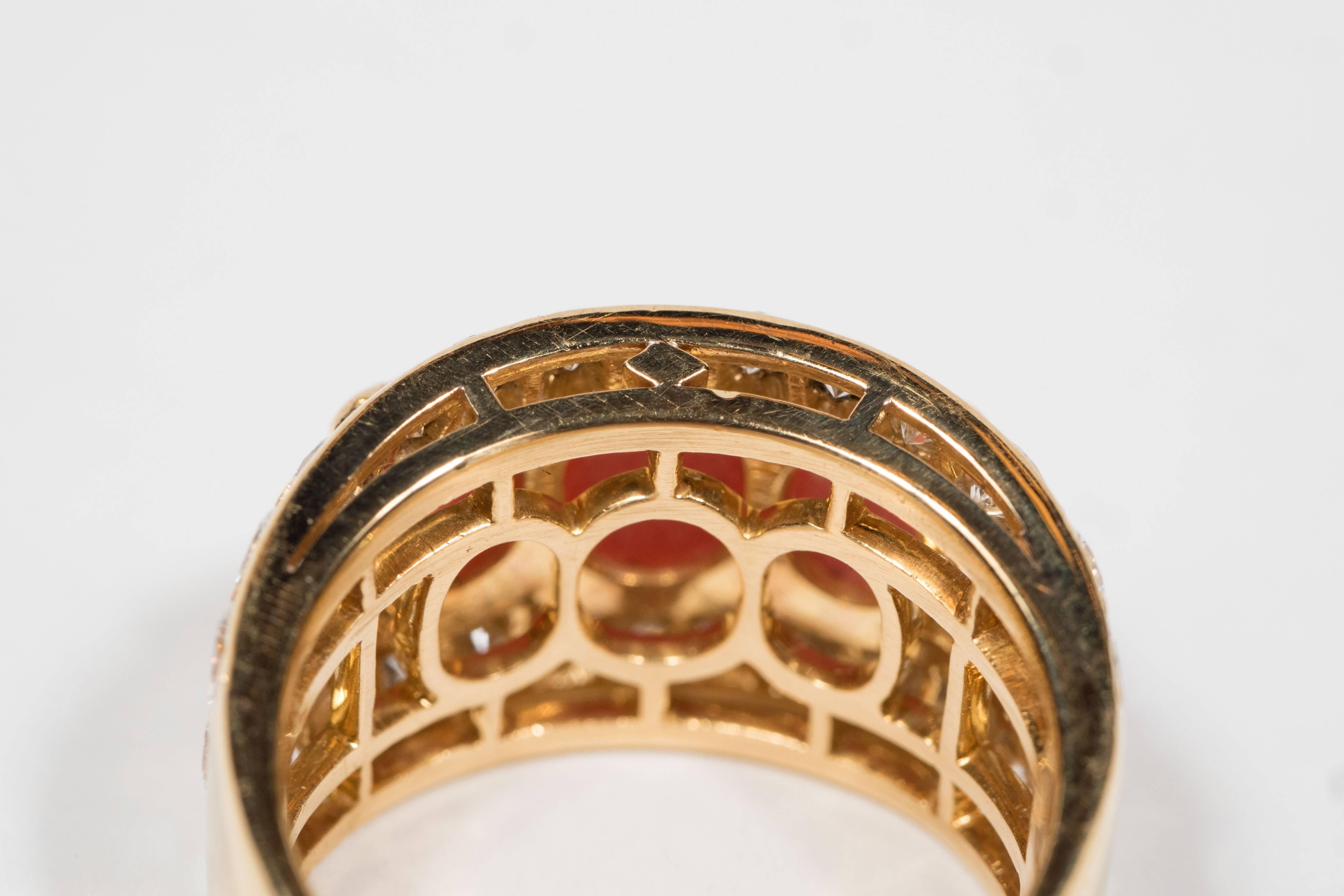 Bulgari Mid-Century Modernist Coral Diamond Gold Ring In Excellent Condition In New York, NY