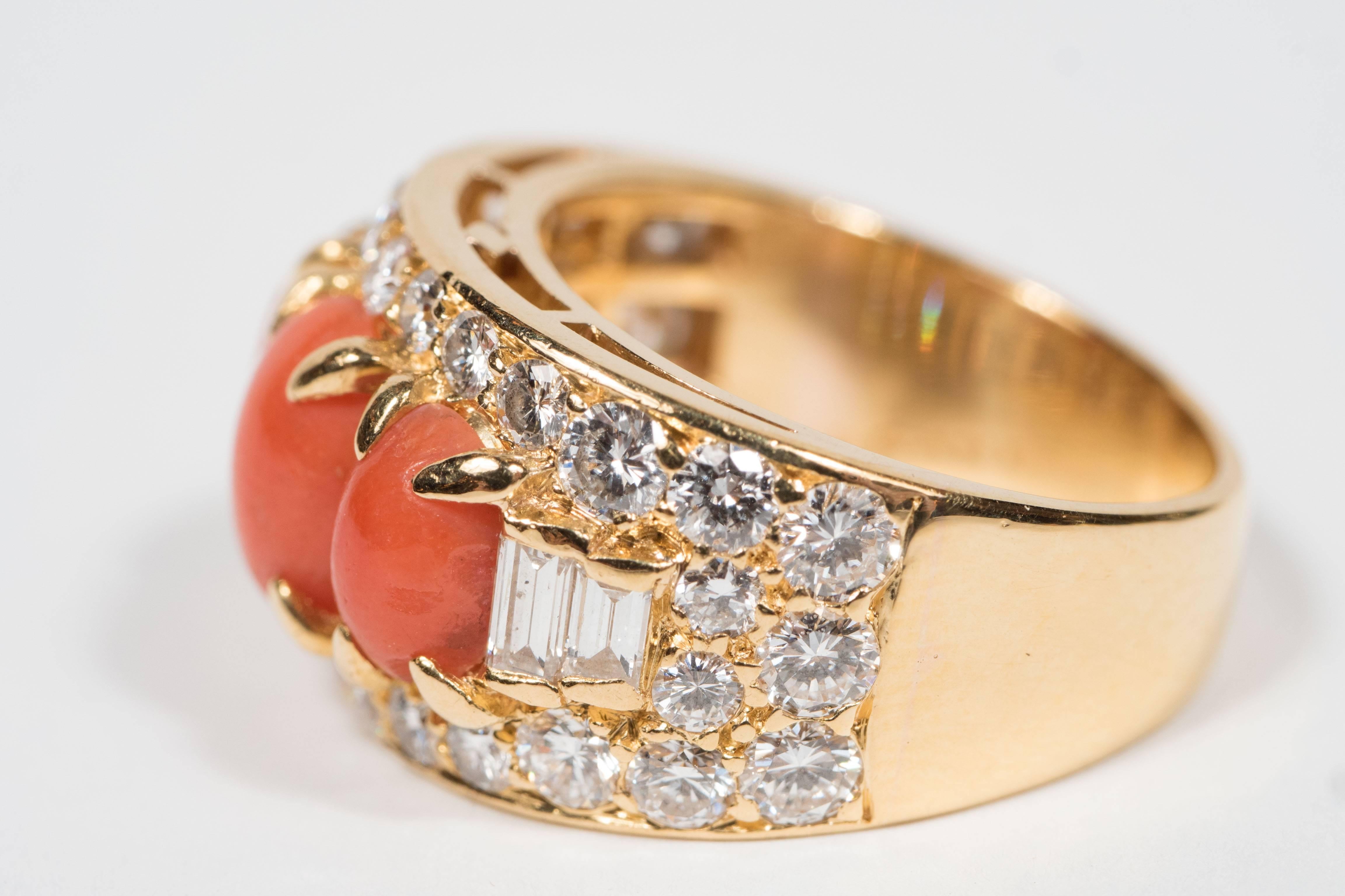 Bulgari Mid-Century Modernist Coral Diamond Gold Ring 2