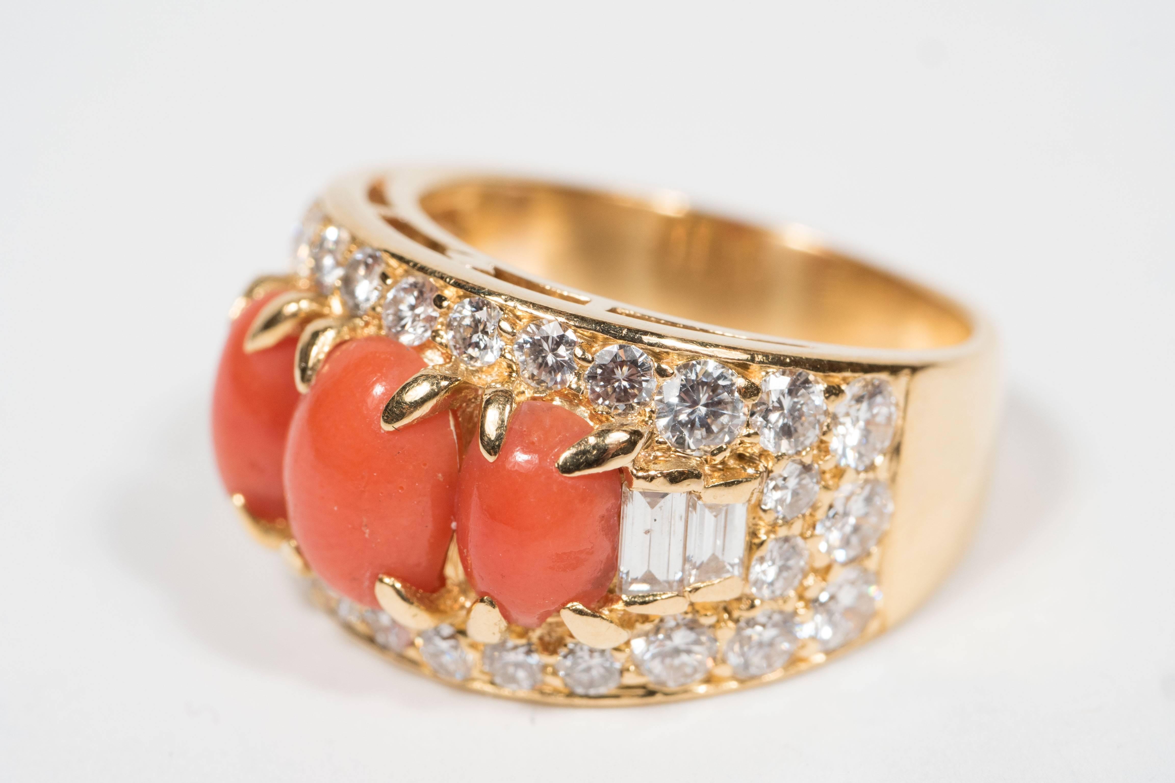 Bulgari Mid-Century Modernist Coral Diamond Gold Ring 6