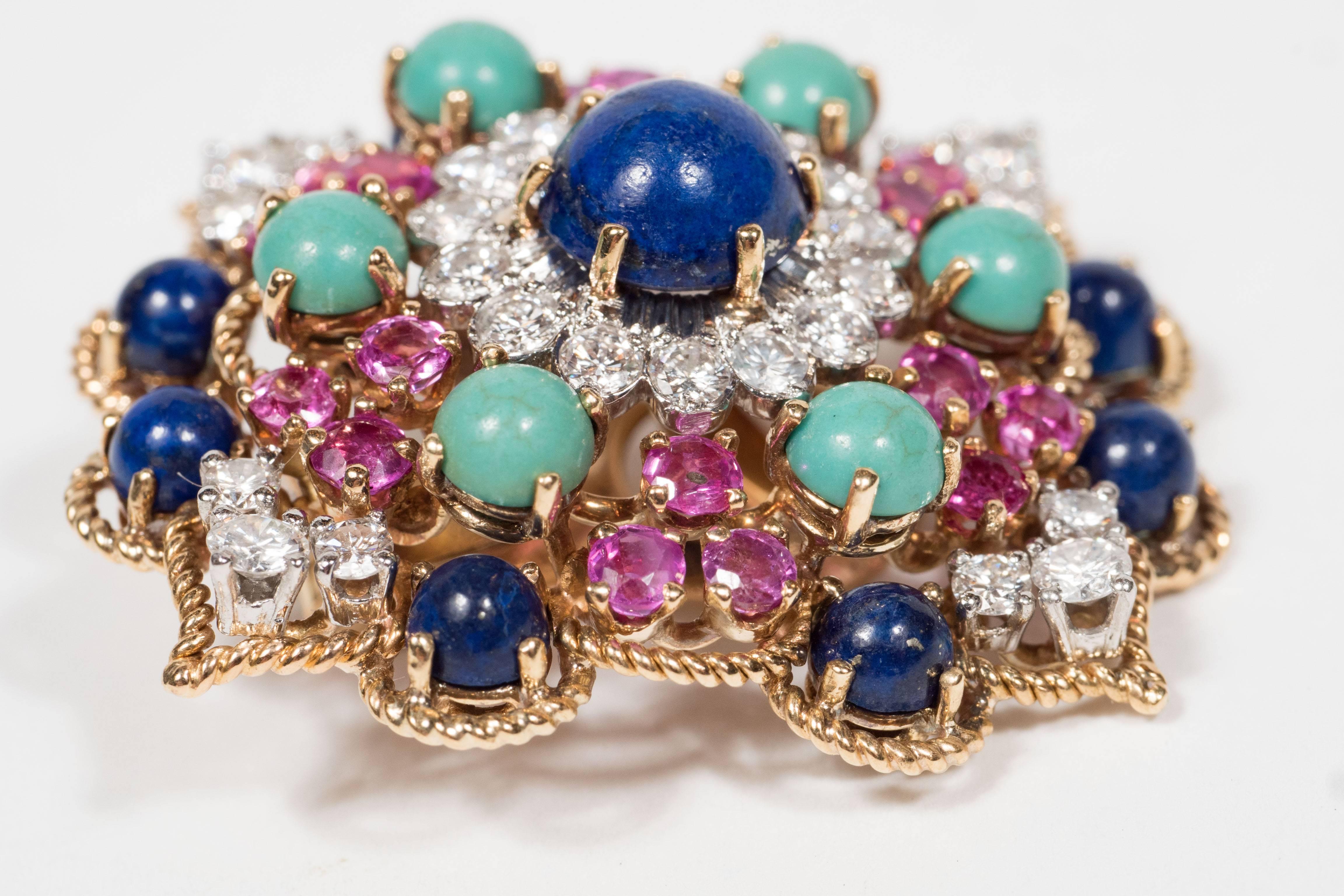 These mid-century modernist earclips are made in the United States by Marianne Oster. They are set in 18-karat yellow gold with platinum. These are set with numerous lapis lazuli and turquoise cabochons accented by numerous pink sapphires,