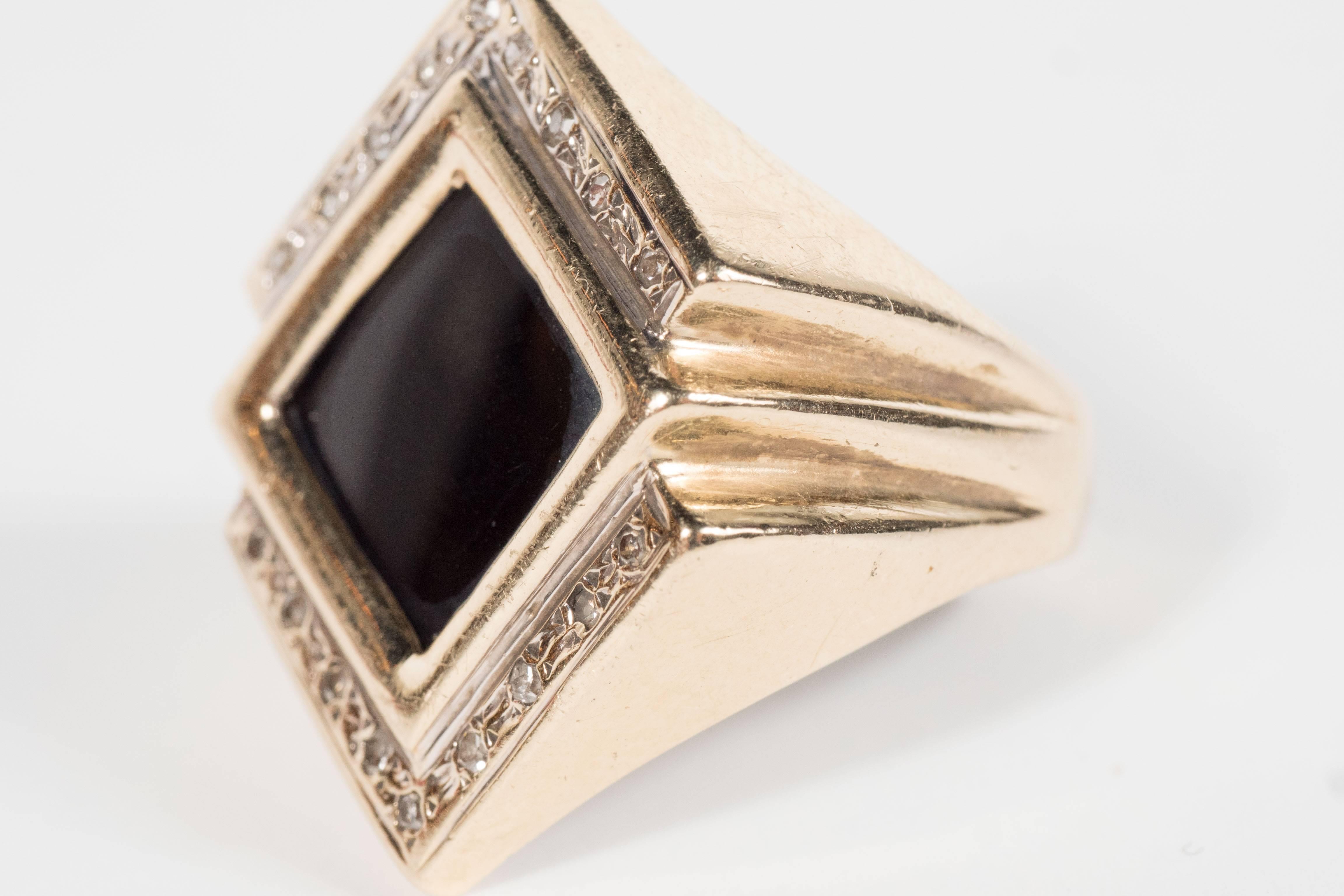 Art Deco Black Onyx Diamond Gold Ring