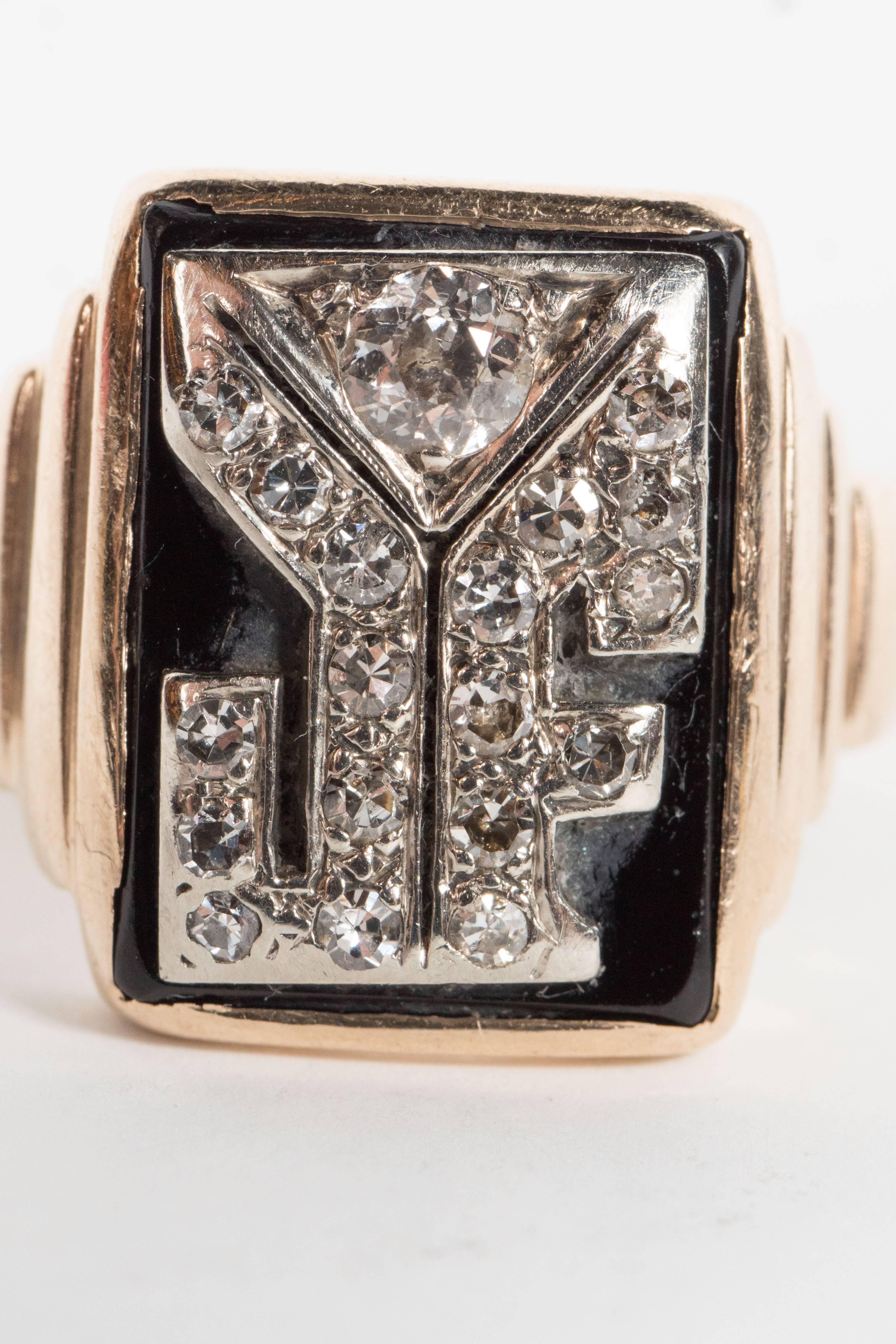 Art Deco Skyscraper Style Black Onyx Diamond Gold Monogram J F Ring In Excellent Condition In New York, NY