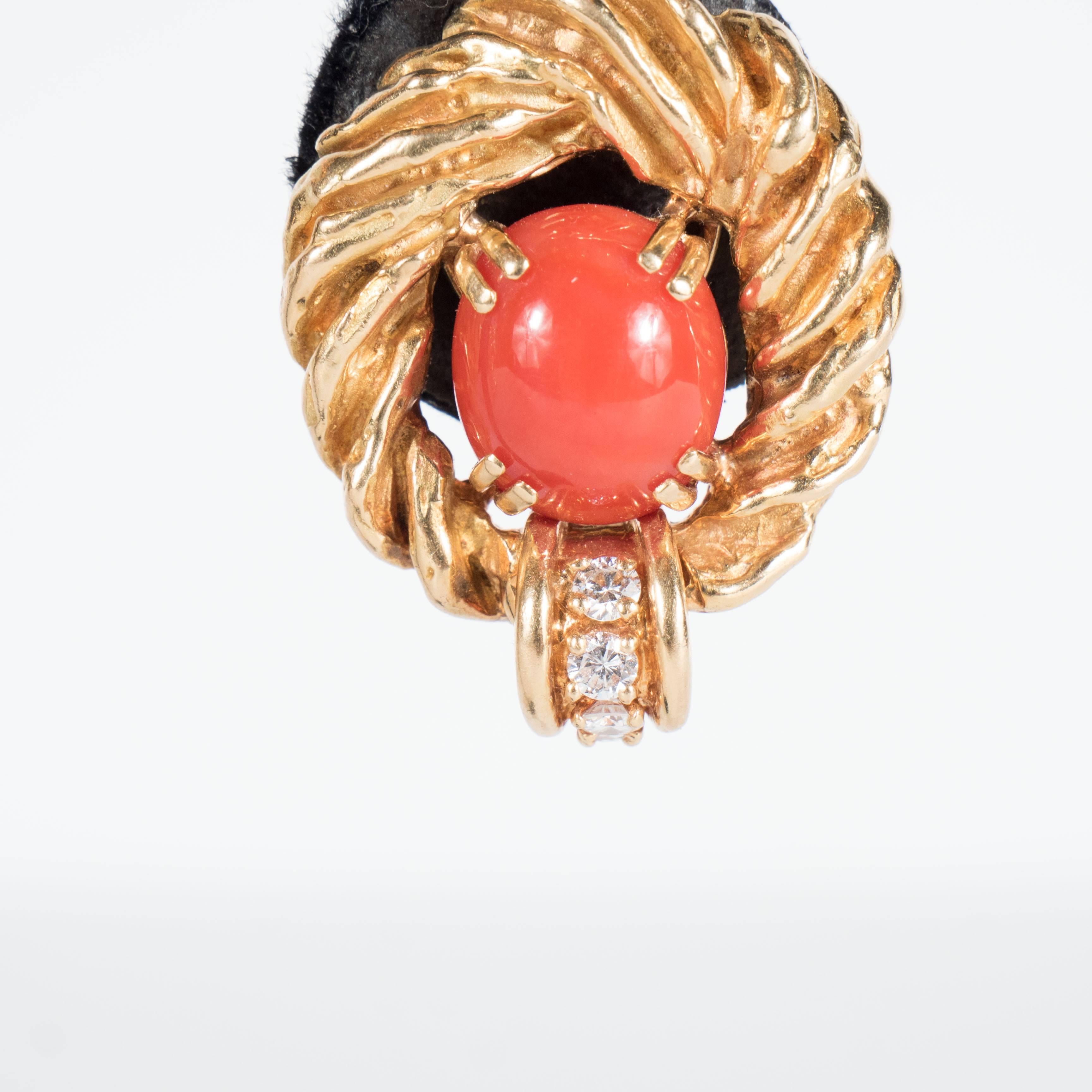 Modernist Chaumet Paris Gorgeous Mid-Century Coral Diamond Gold Earrings