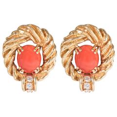 Chaumet Paris Gorgeous Mid-Century Coral Diamond Gold Earrings
