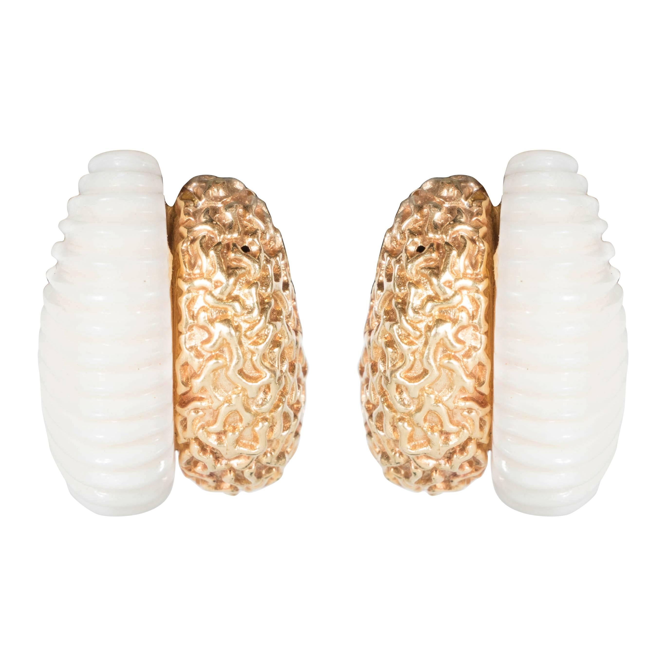 Mid-Century Carved White Coral Textured Gold Double Half Hoop Design Earrings For Sale