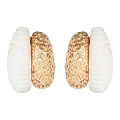 Mid-Century Carved White Coral Textured Gold Double Half Hoop Design Earrings 8