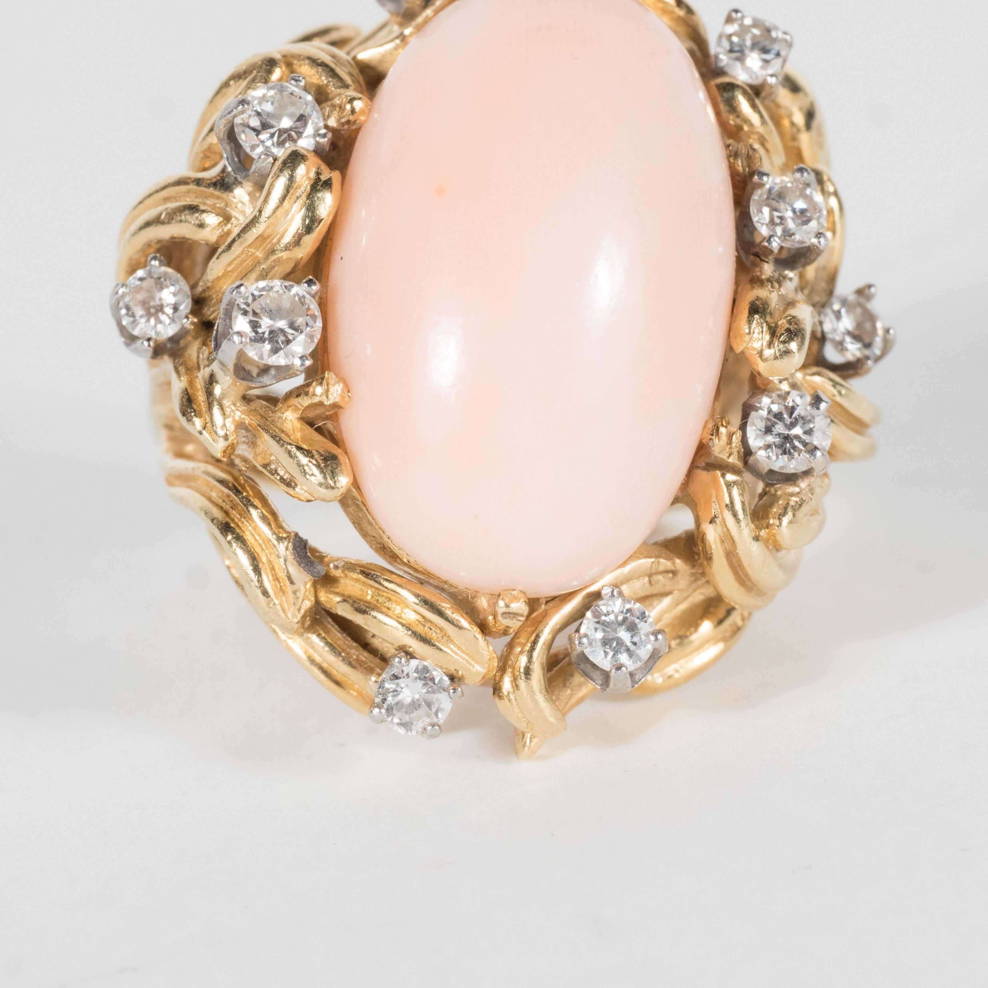 Mid-Century Angel Coral Diamond Gold Dome Ring 1