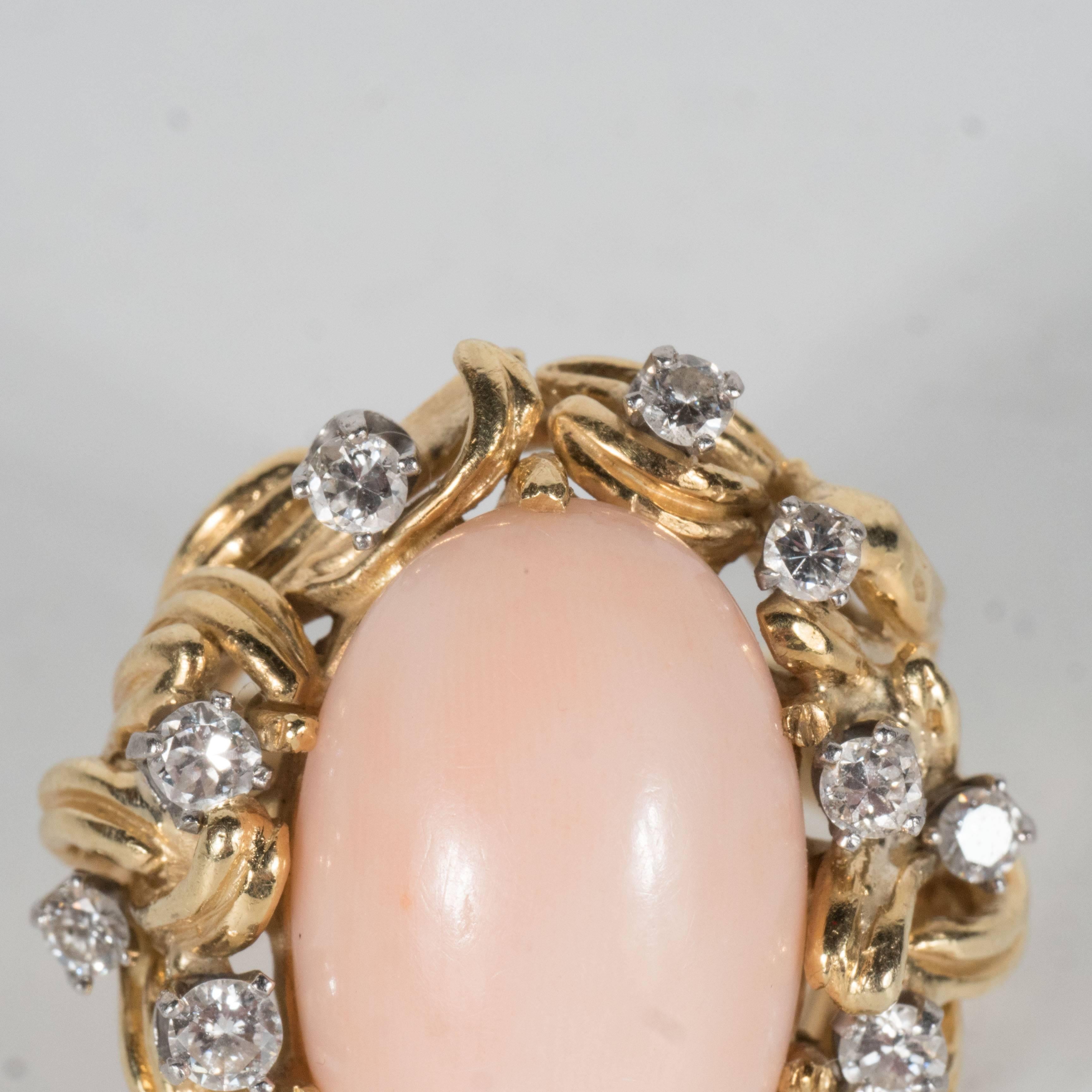 Modernist Mid-Century Angel Coral Diamond Gold Dome Ring
