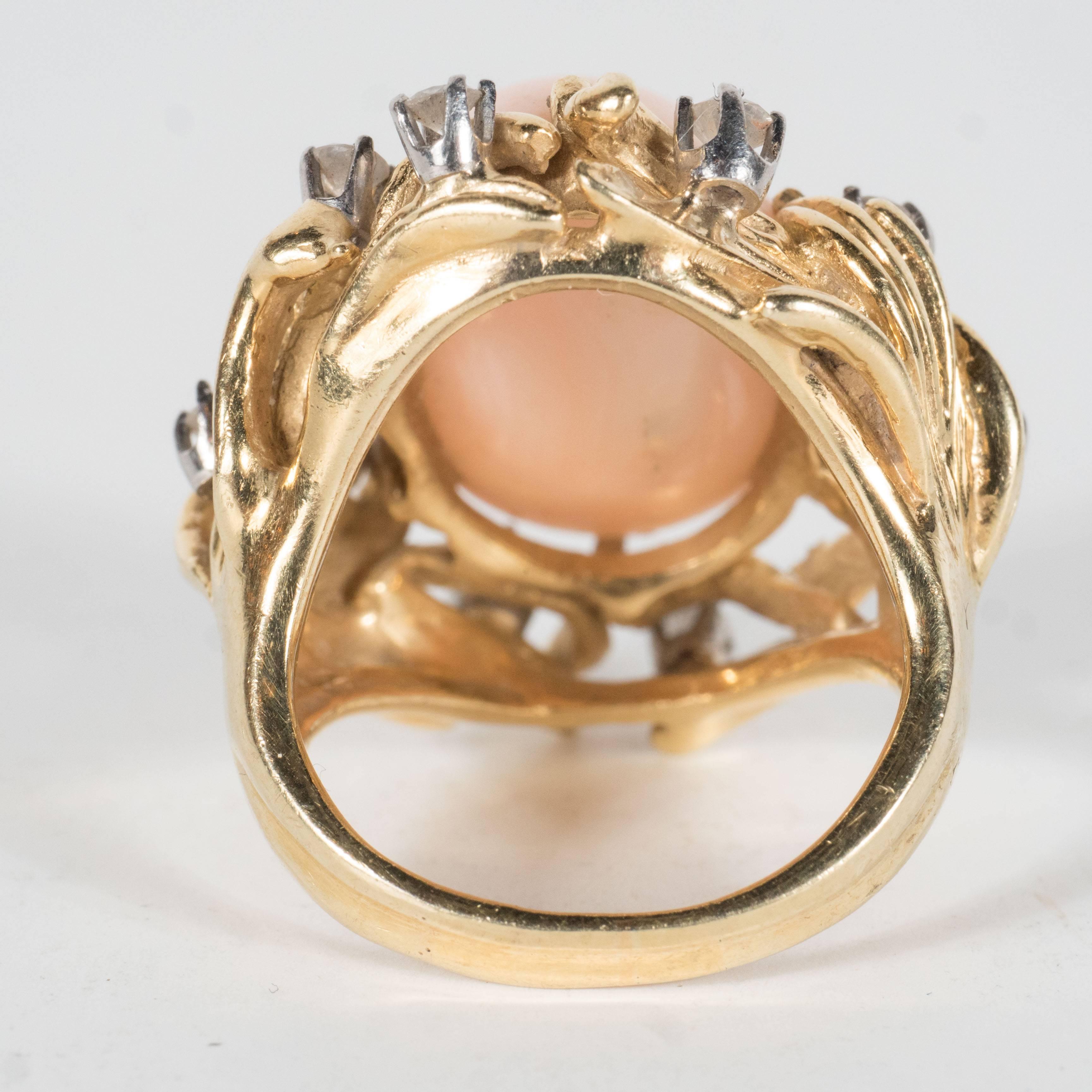 Women's Mid-Century Angel Coral Diamond Gold Dome Ring