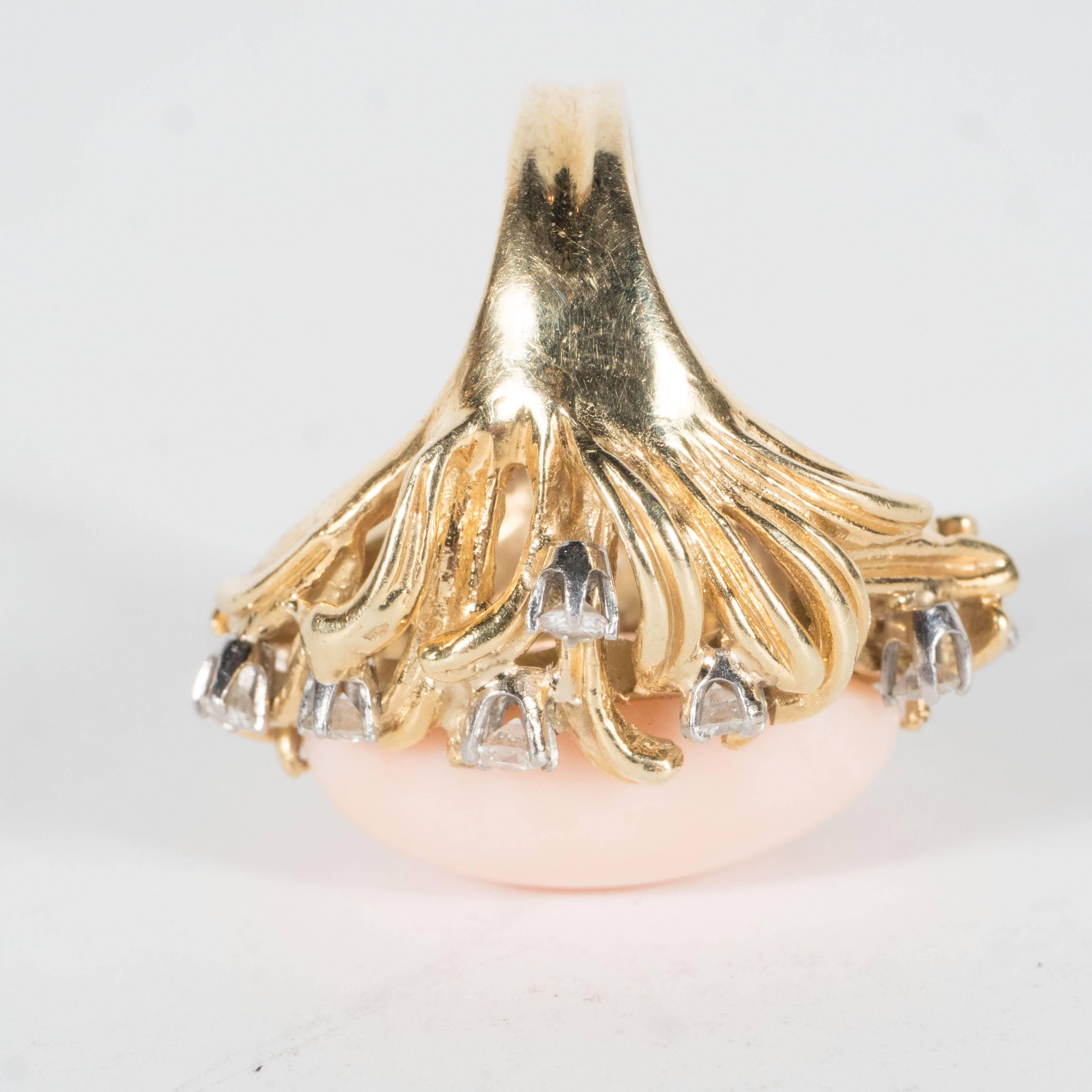 Mid-Century Angel Coral Diamond Gold Dome Ring 2