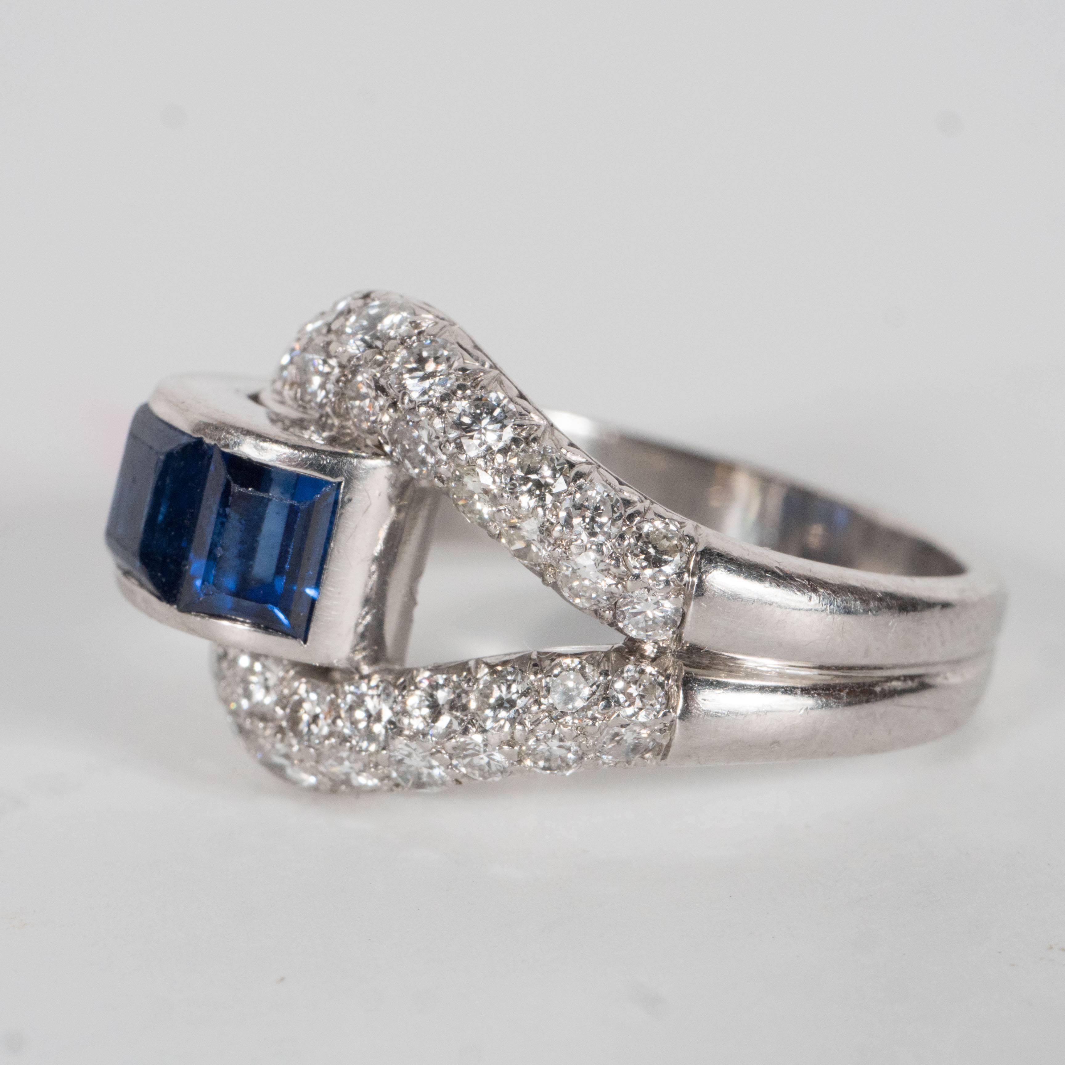 Art Deco Burmese Sapphire Diamond Platinum Buckle Ring In Excellent Condition In New York, NY