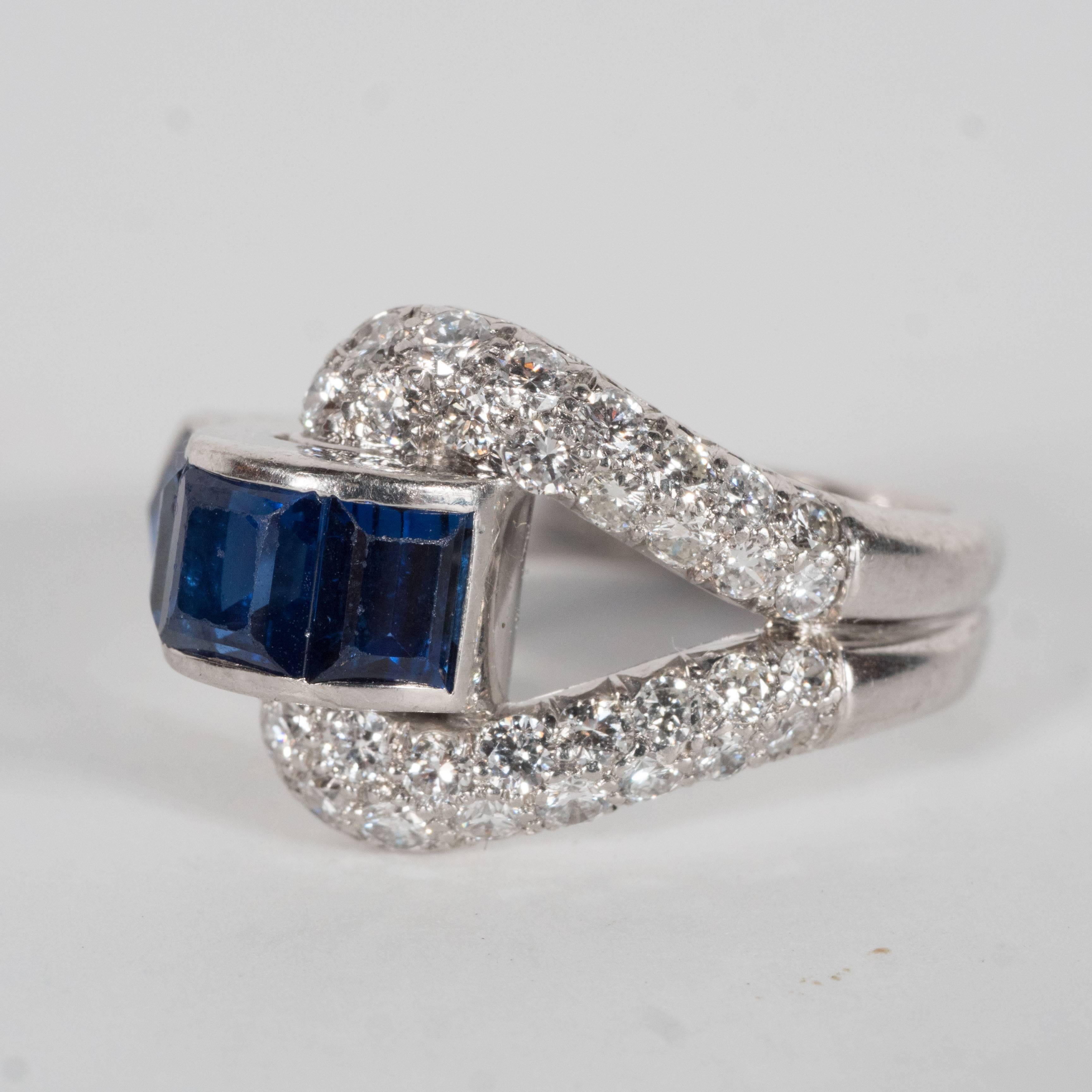 Art Deco Burmese Sapphire Diamond Platinum Buckle Ring 1