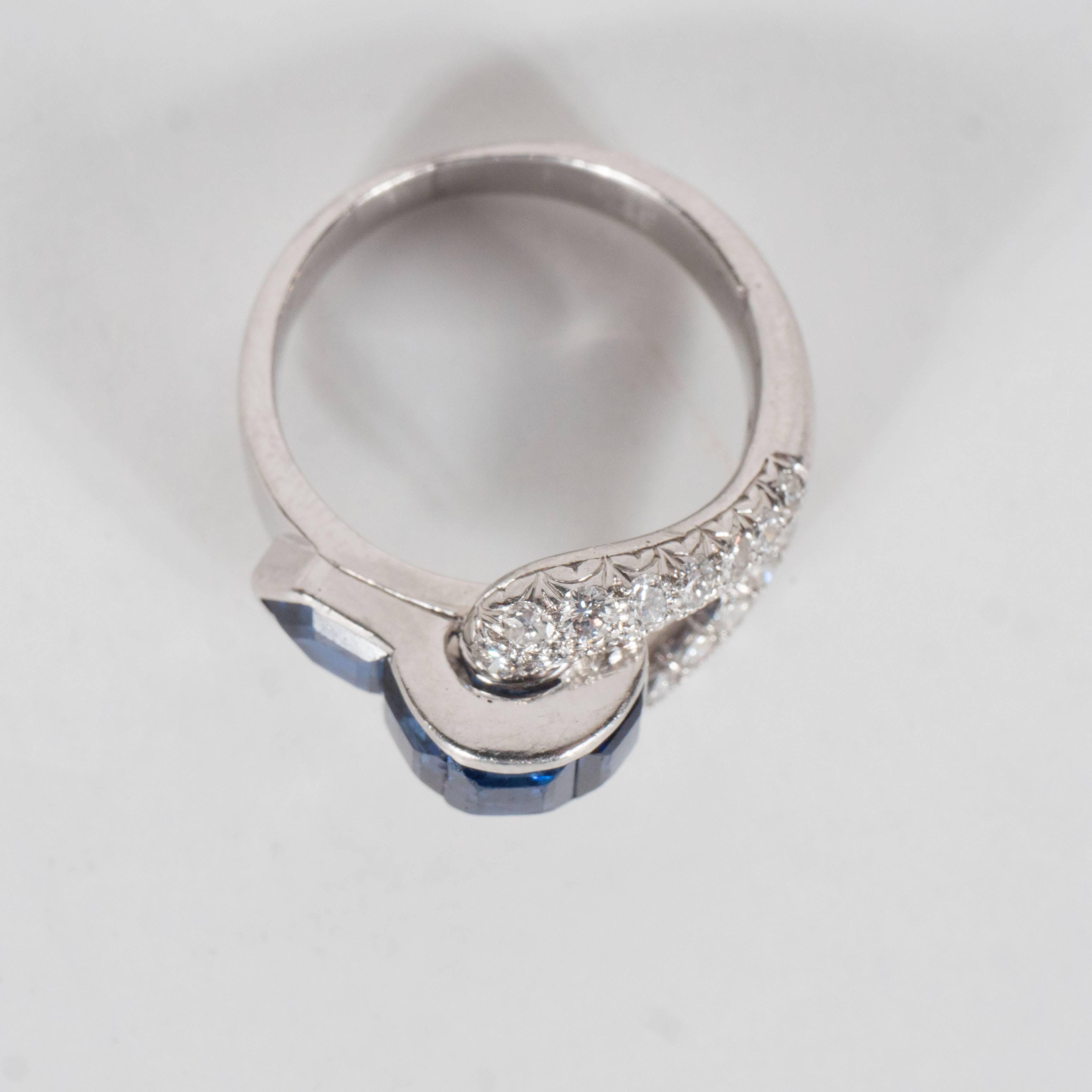 Women's Art Deco Burmese Sapphire Diamond Platinum Buckle Ring