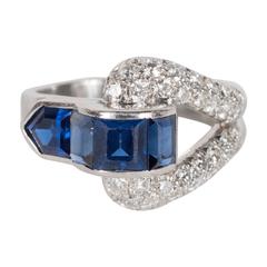 Art Deco Burmese Sapphire Diamond Platinum Buckle Ring