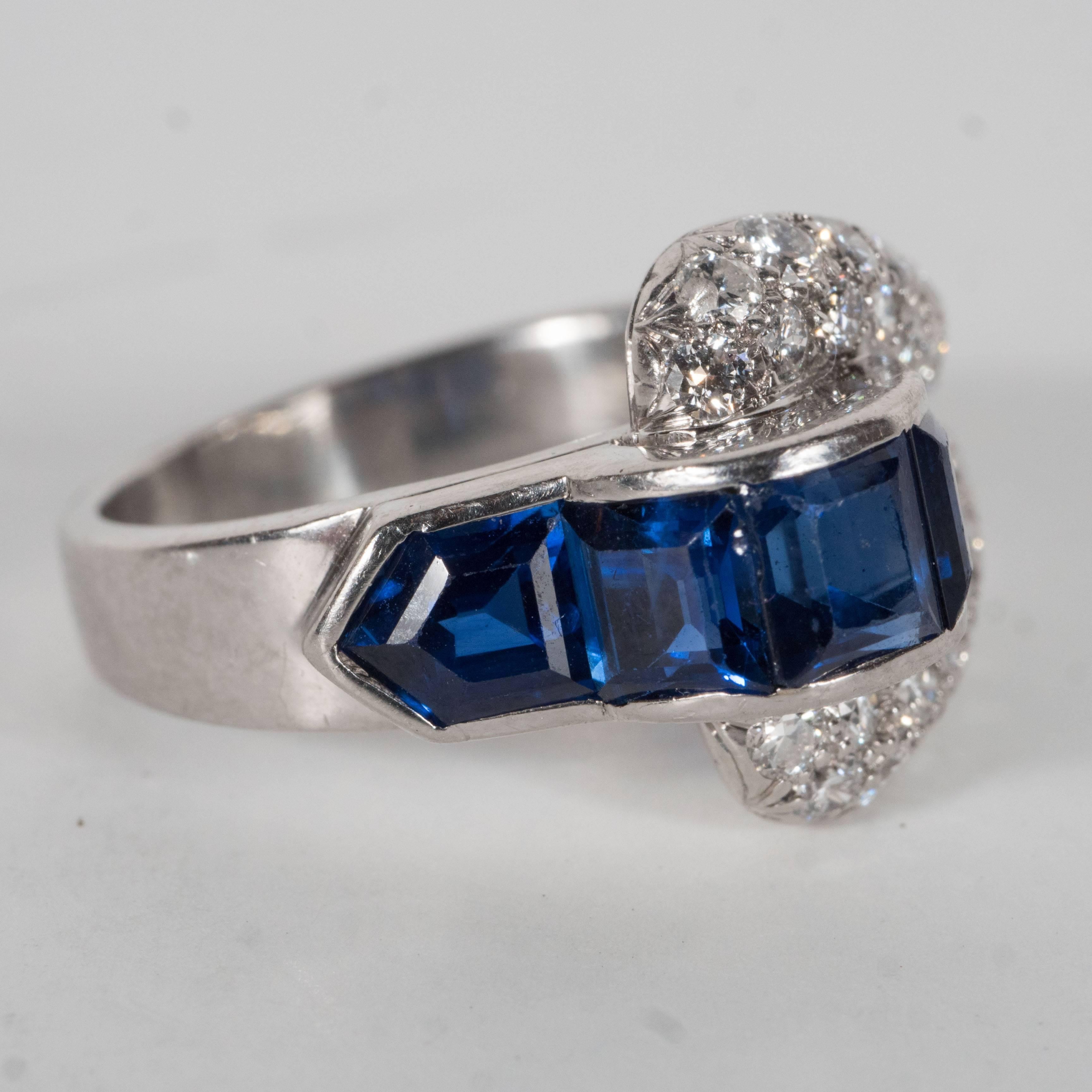 Art Deco Burmese Sapphire Diamond Platinum Buckle Ring 2