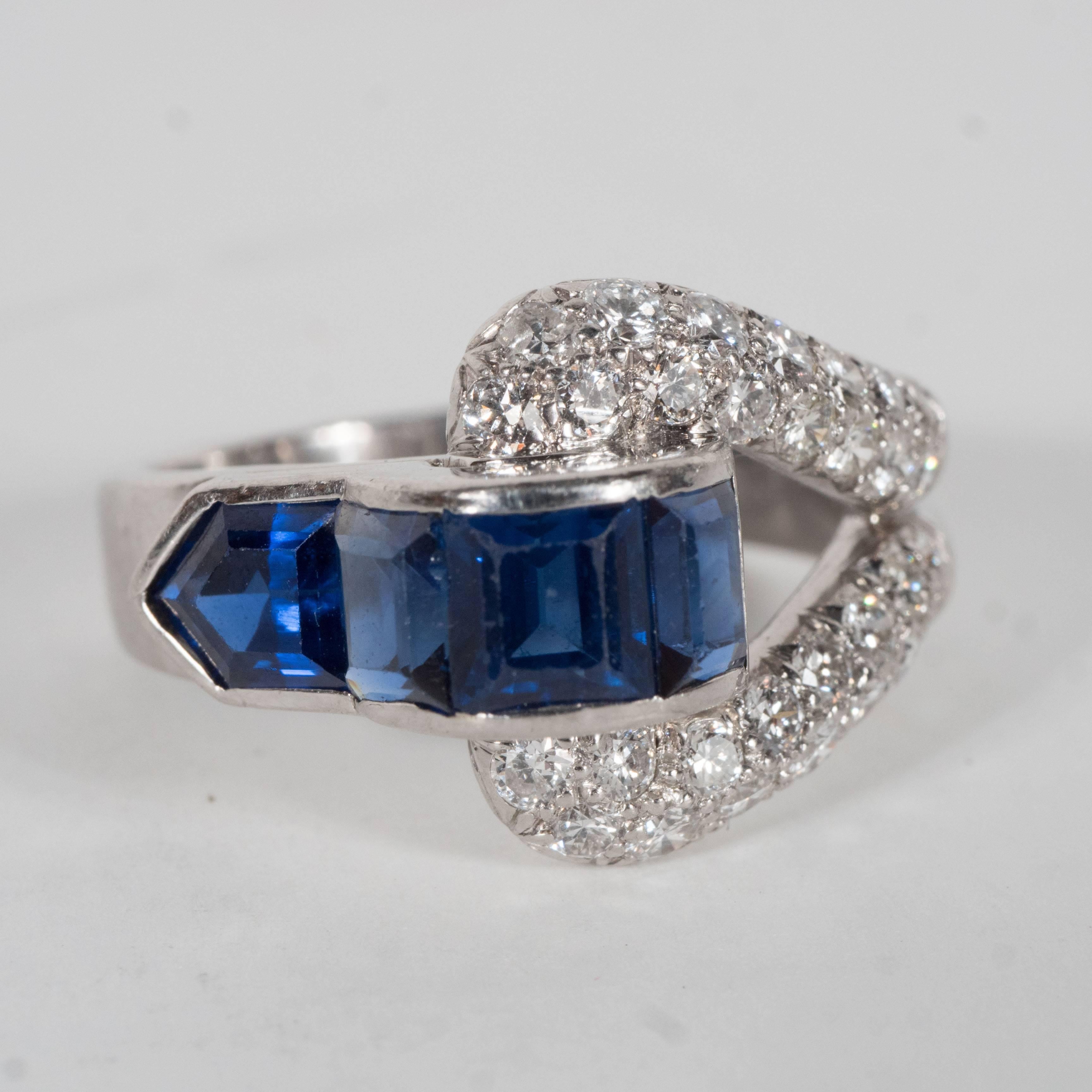 Art Deco Burmese Sapphire Diamond Platinum Buckle Ring 3