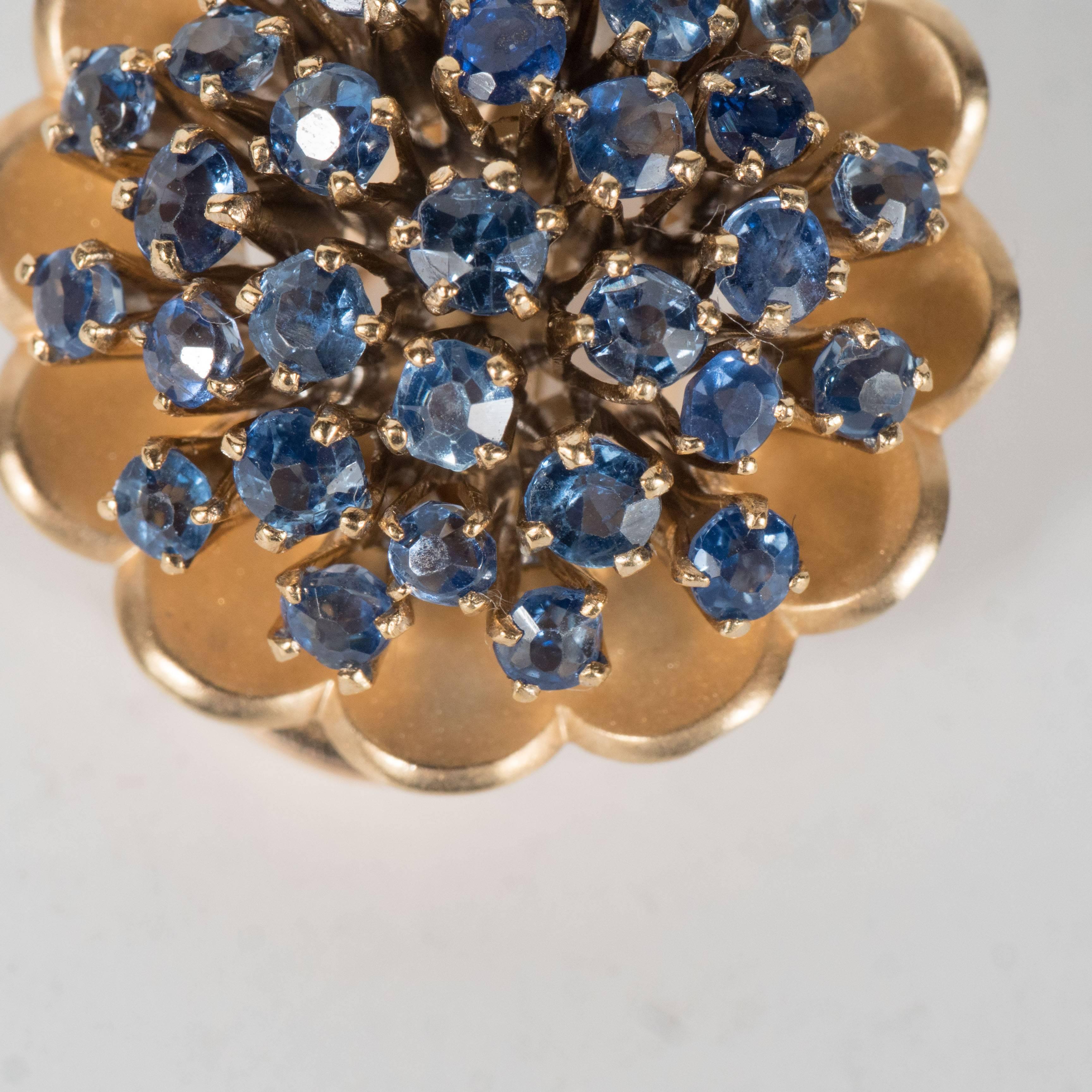Mid-Century Stylized Sapphire Gold Floral Earclips  1