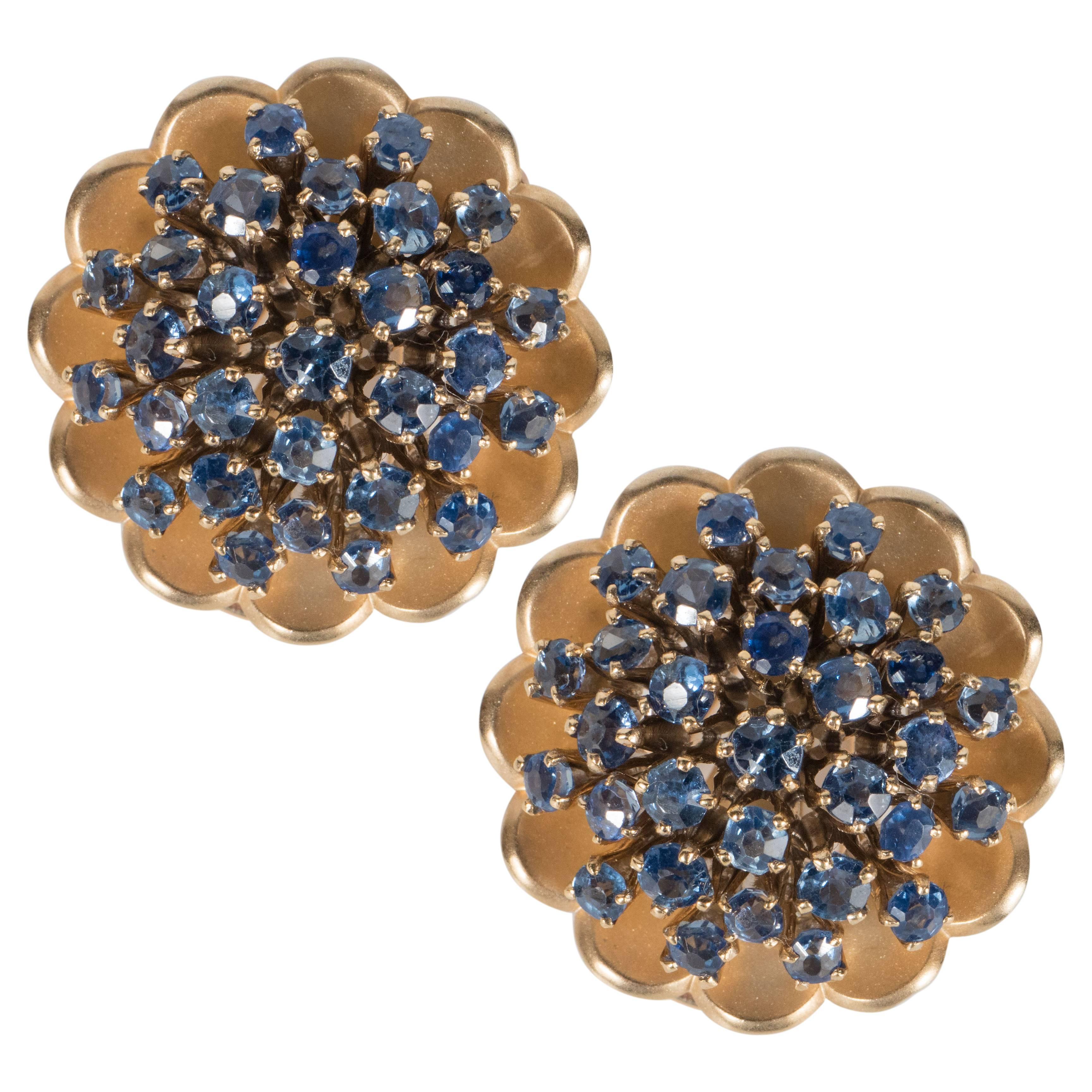 Mid-Century Stylized Sapphire Gold Floral Earclips 
