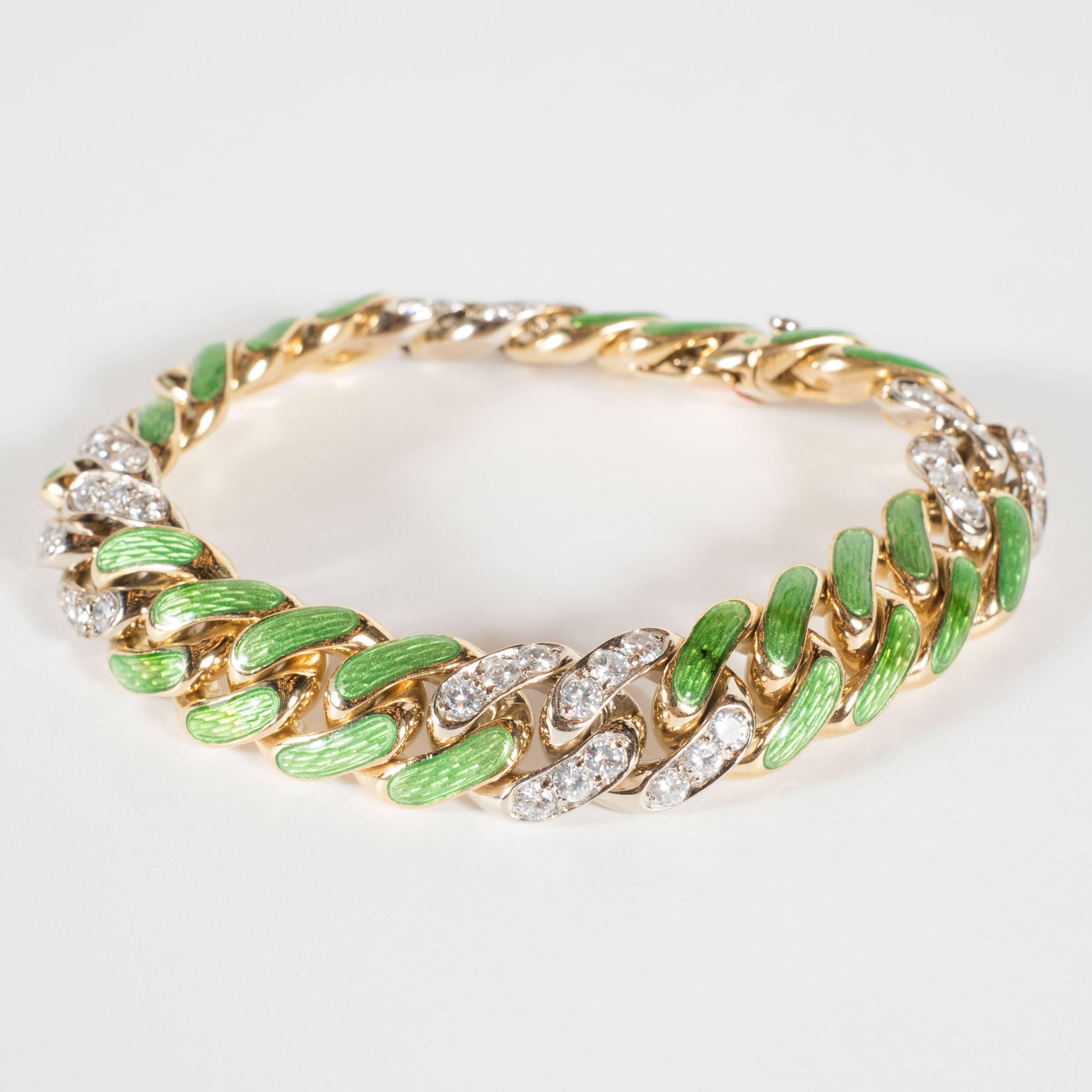 This exquisite bracelet features 24 links of 18k yellow gold . Eight of the links are set with 48 fine full cut diamonds of approximately 1.25 carats , the others are are hand applied green enameled .This bracelet was purchased at Bulgari in Rome in