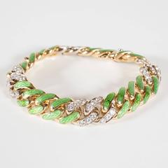 Mid-Century Green Enamel Diamond Gold Link Bracelet