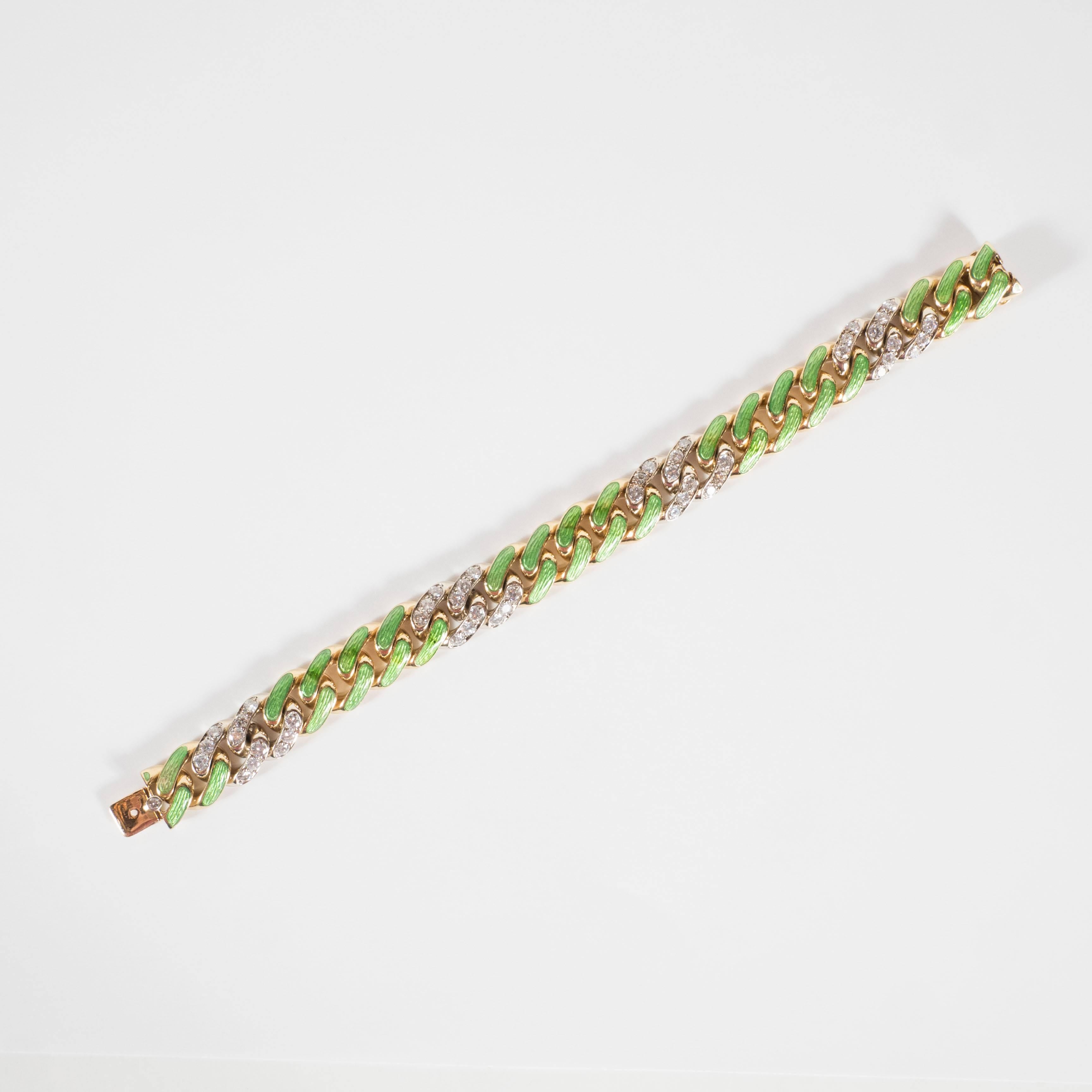 Mid-Century Green Enamel Diamond Gold Link Bracelet  In Excellent Condition In New York, NY