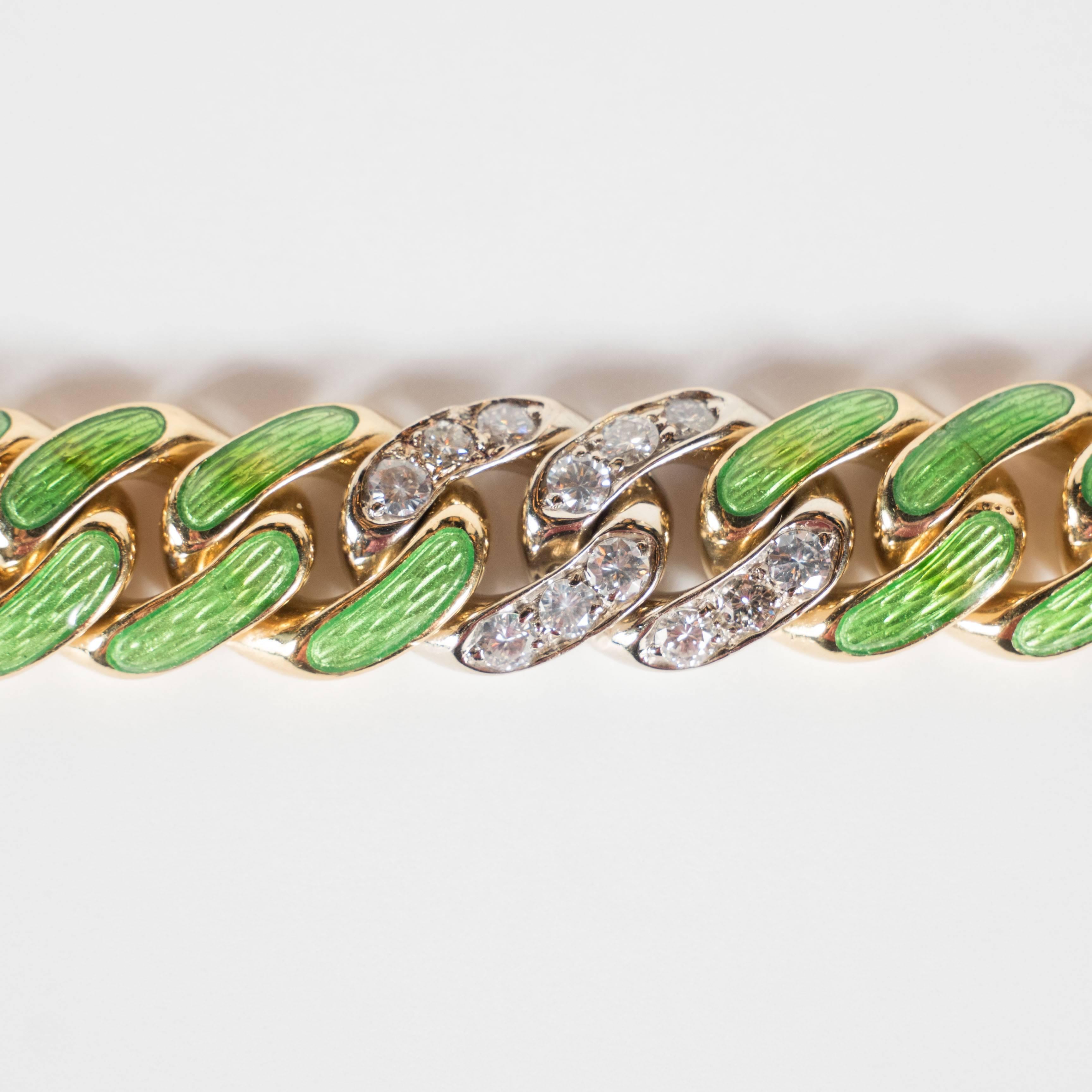 Women's Mid-Century Green Enamel Diamond Gold Link Bracelet 