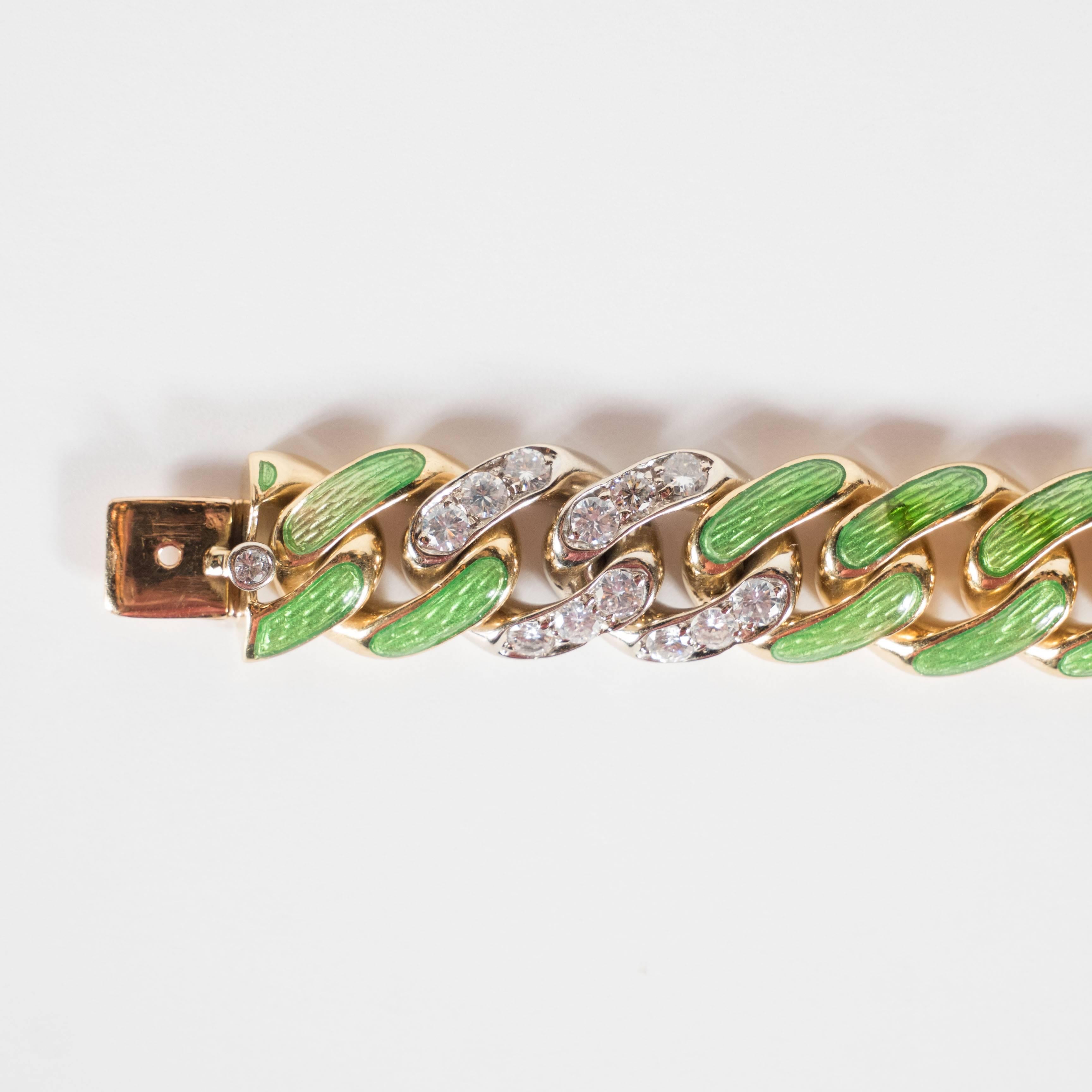 Mid-Century Green Enamel Diamond Gold Link Bracelet  1