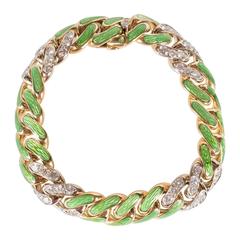 Mid-Century Green Enamel Diamond Gold Link Bracelet 