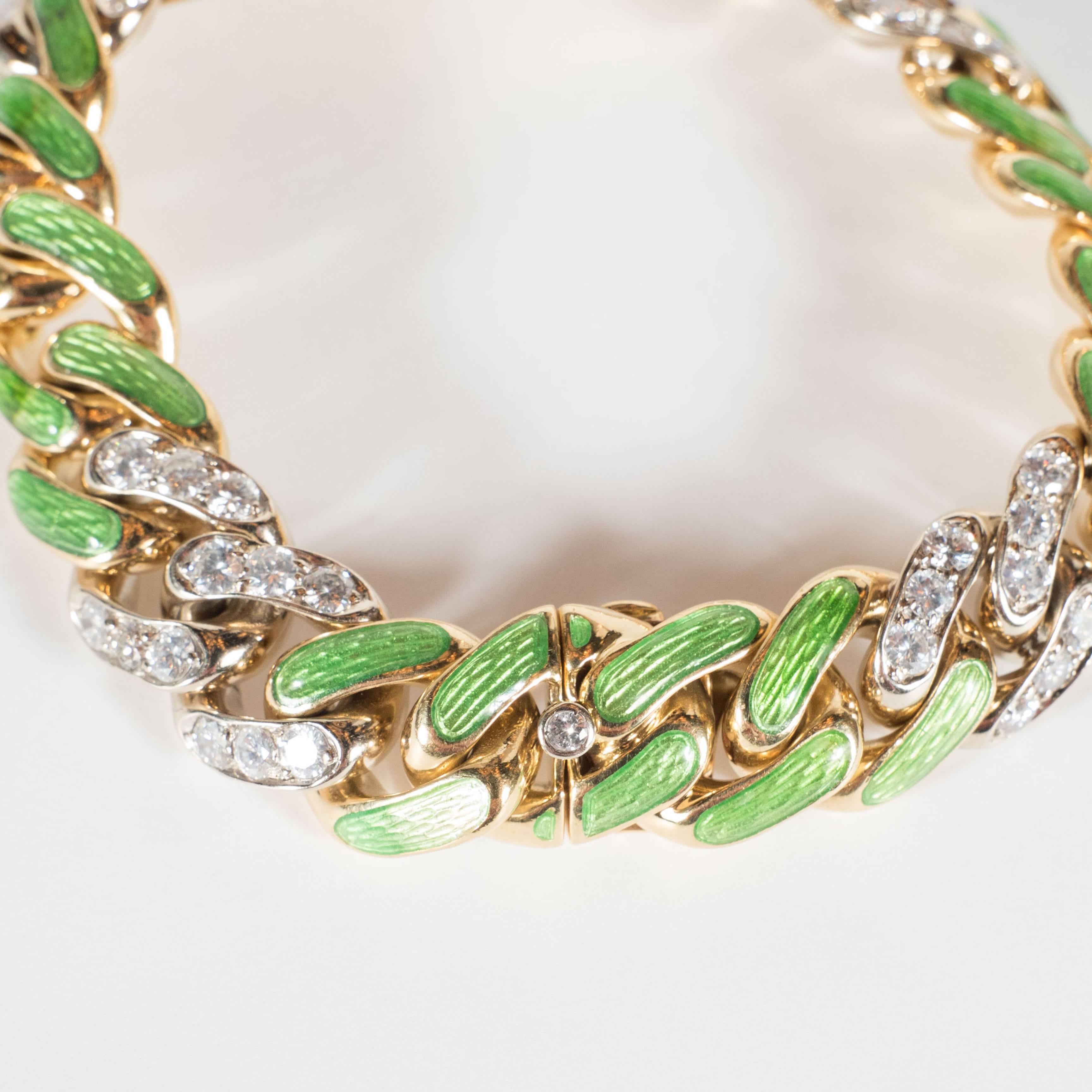 Mid-Century Green Enamel Diamond Gold Link Bracelet  2