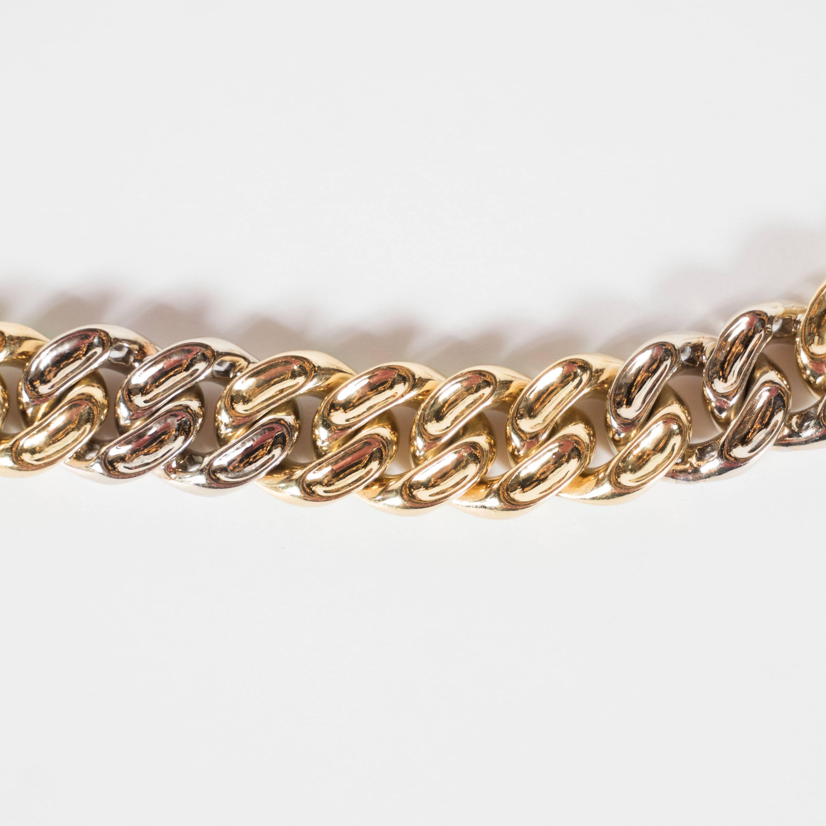 Mid-Century Green Enamel Diamond Gold Link Bracelet  4