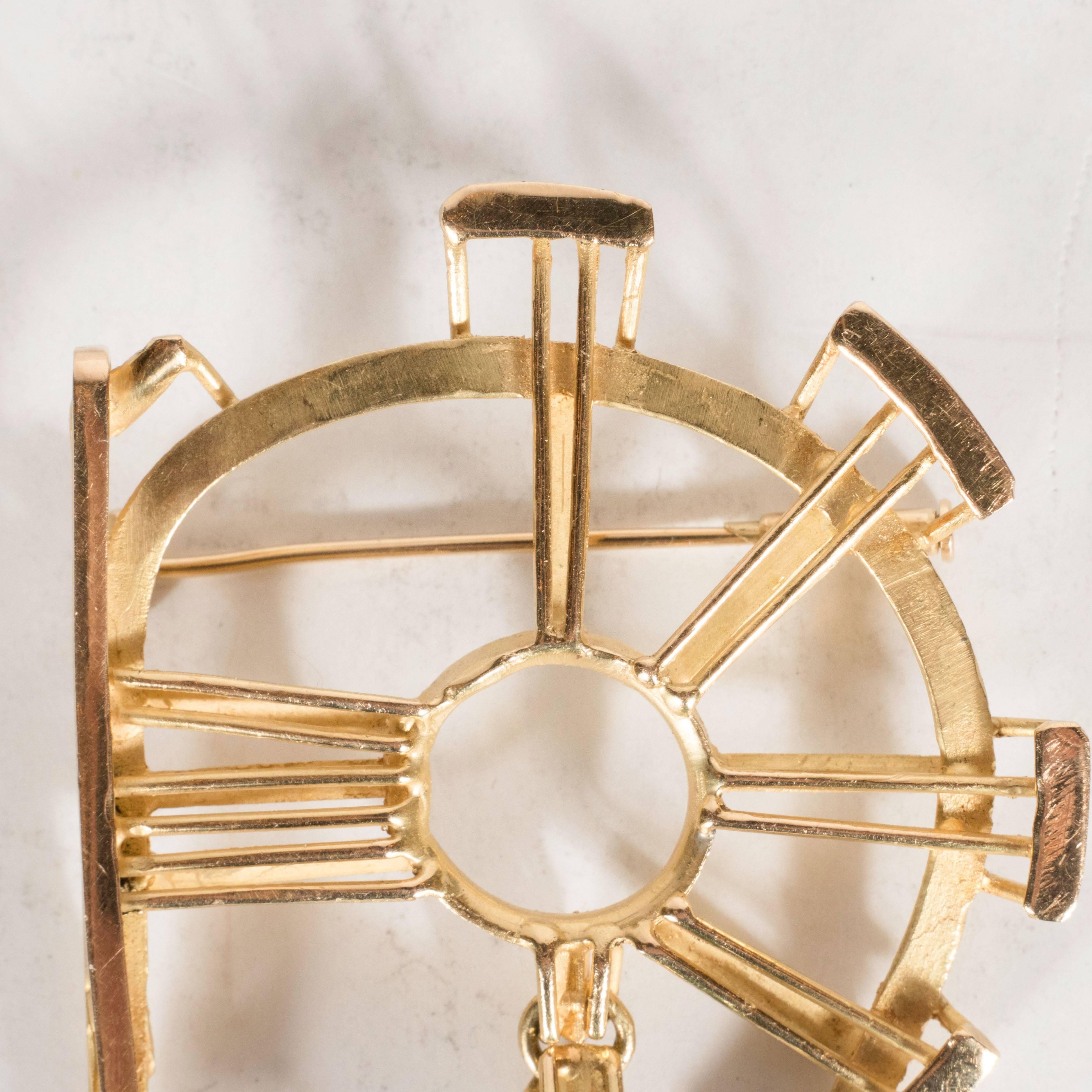 Sophisticated Mid-Century Modernist Serpentine Jade Gold Brooch 1