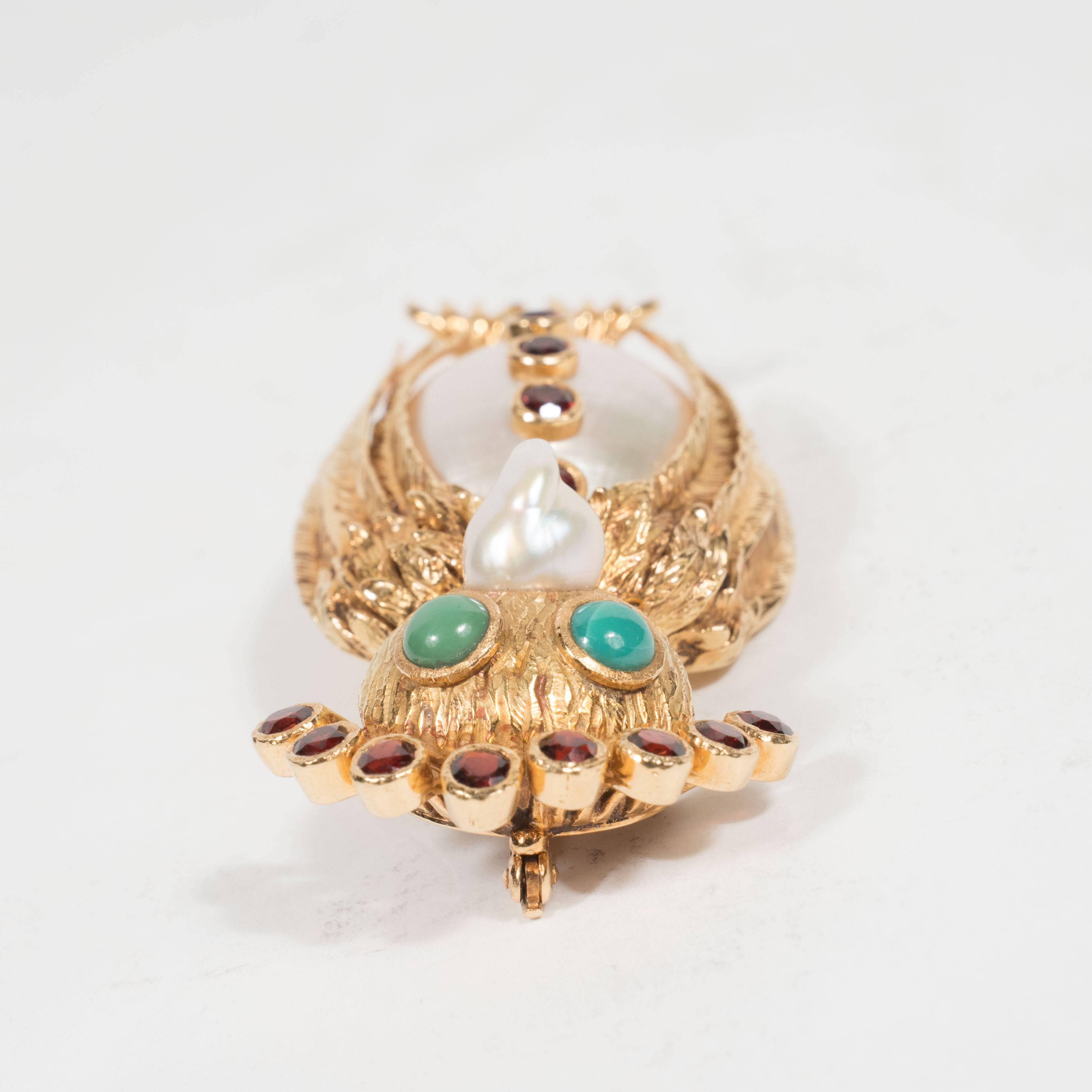 Mid-Century Modernist Freshwater Pearl Garnet Gold Owl  In Excellent Condition In New York, NY