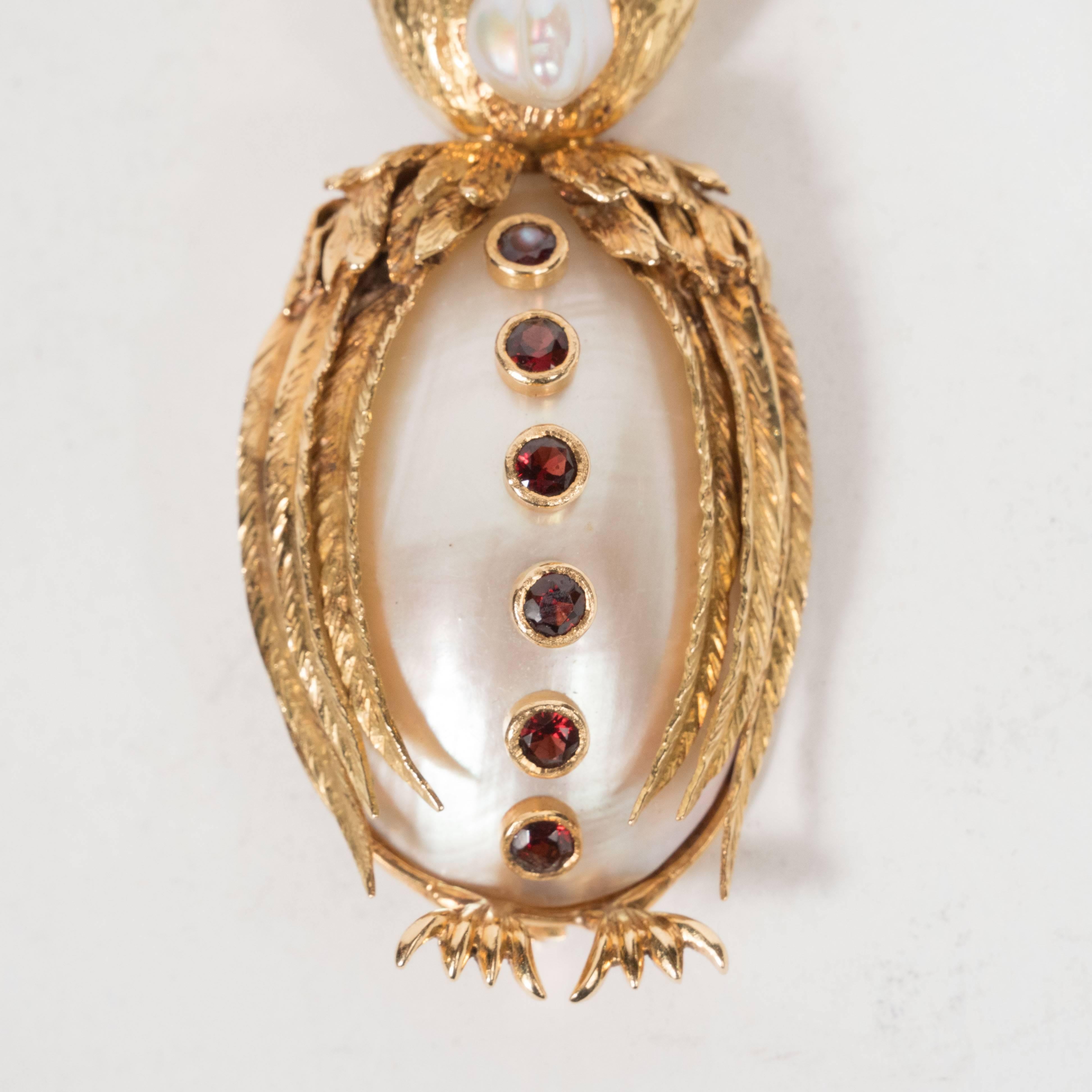 Mid-Century Modernist Freshwater Pearl Garnet Gold Owl  3