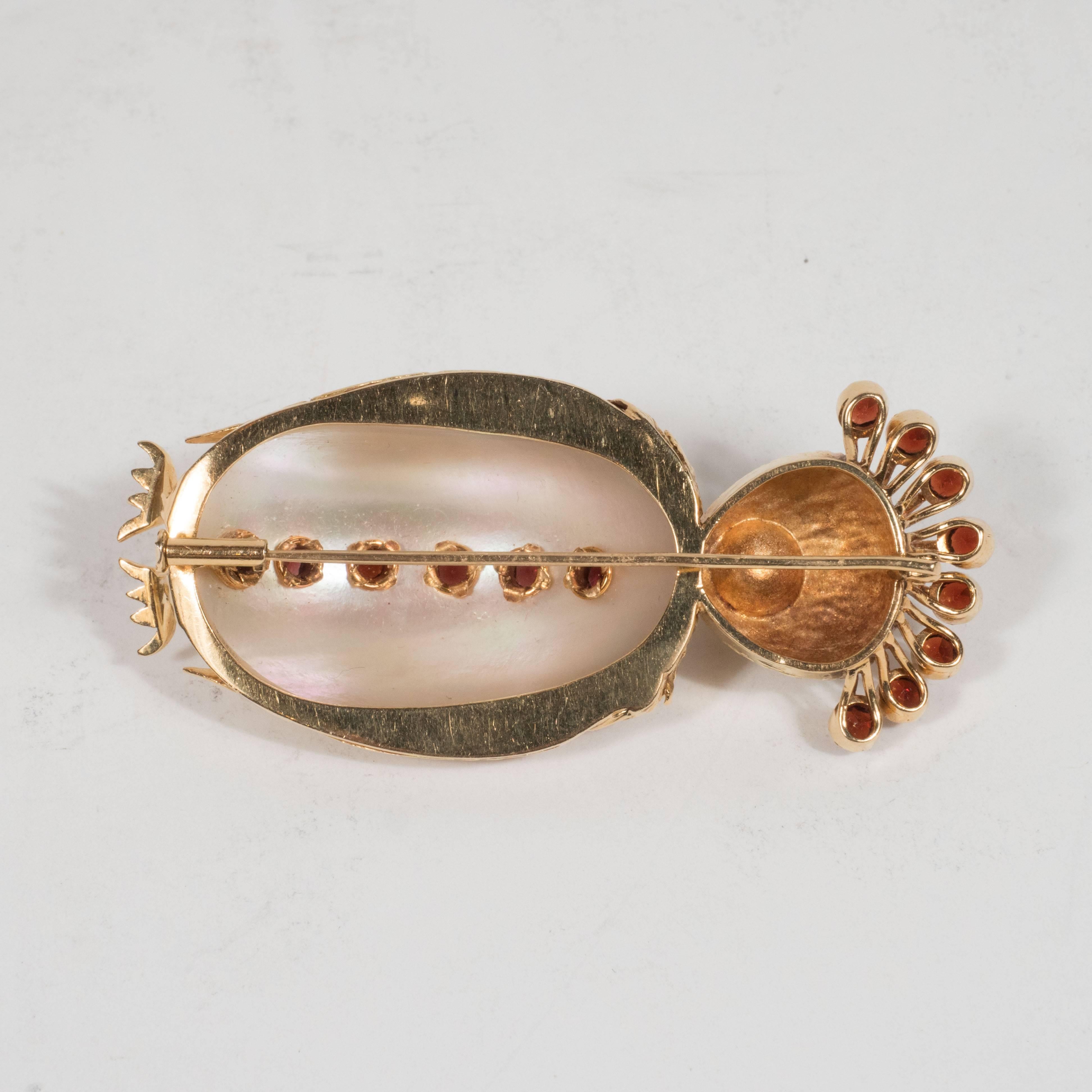 Mid-Century Modernist Freshwater Pearl Garnet Gold Owl  2