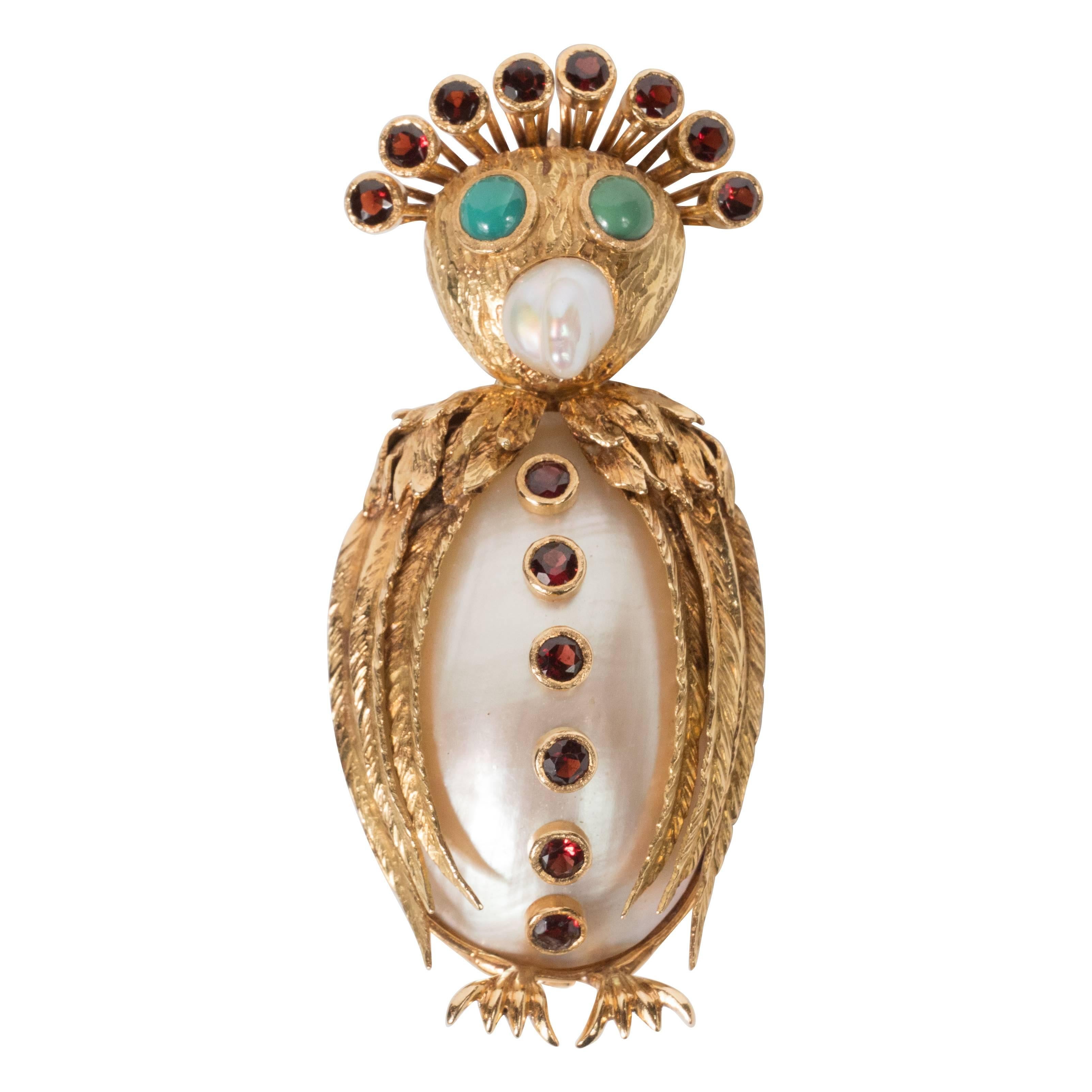Mid-Century Modernist Freshwater Pearl Garnet Gold Owl 