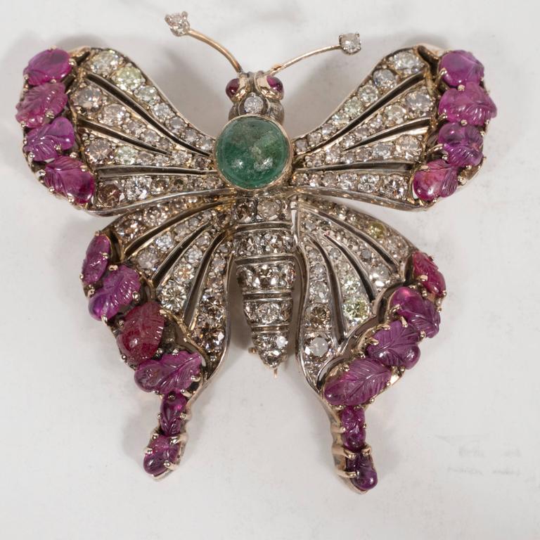 Stunning Carved Rubies Emeralds Diamonds White Gold Butterfly Brooch at ...
